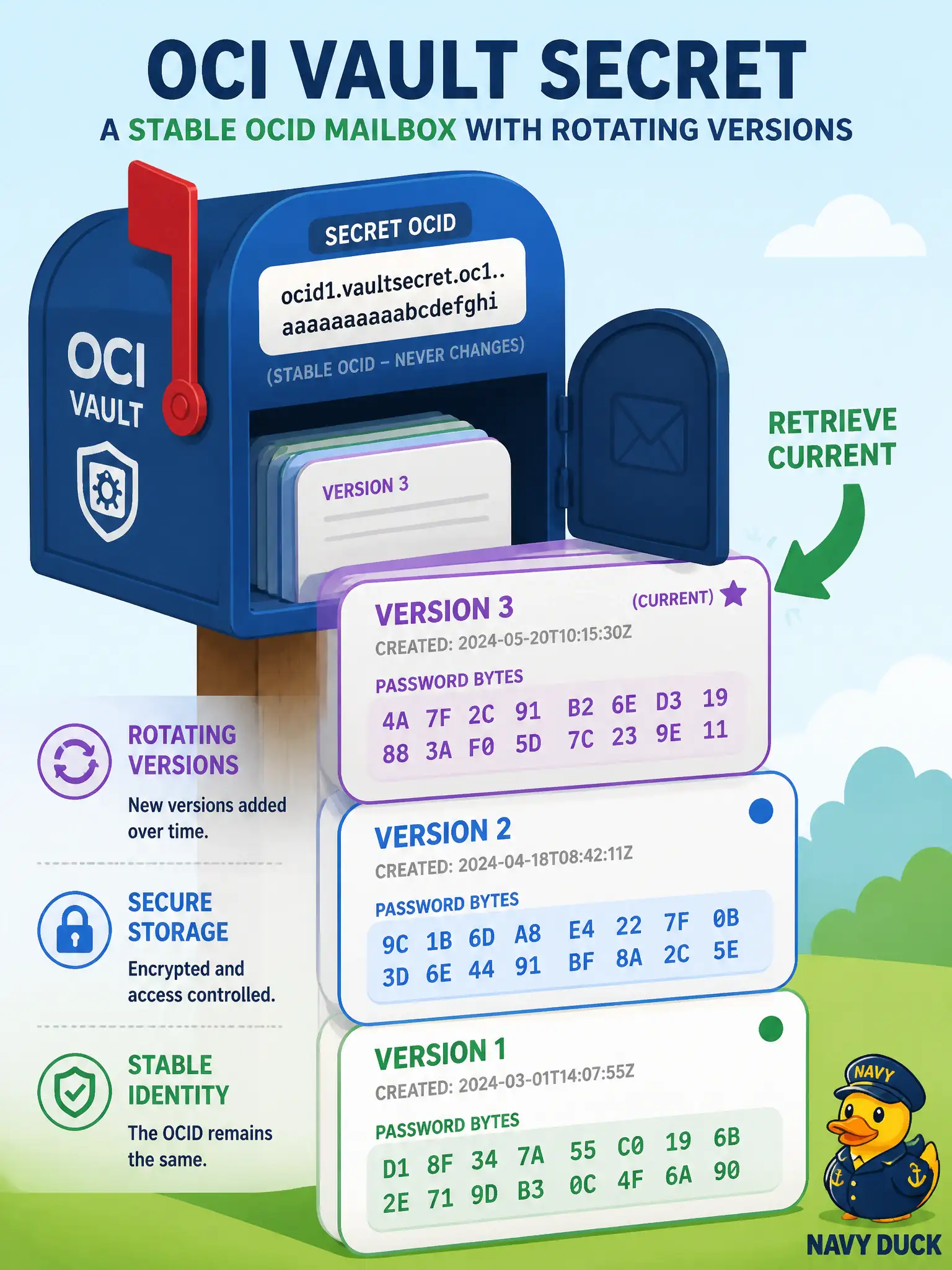 To Create an exciting colorful infographic that explains the concepts in the question: Question: A municipal benefits Function always retrieves a database password by the same Vault secret OCID. After operators rotate the password in Vault, which statement correctly describes what the Function receives on the next retrieval? Correct Answer: The secret OCID stays stable and a new secret version holds the updated bytes, so the Function still calls the same OCID and gets the current contents Put EVERY visible label in double quotes. No people. No A/B/C/D letters. In one of the four corners put a little "Navy Duck".