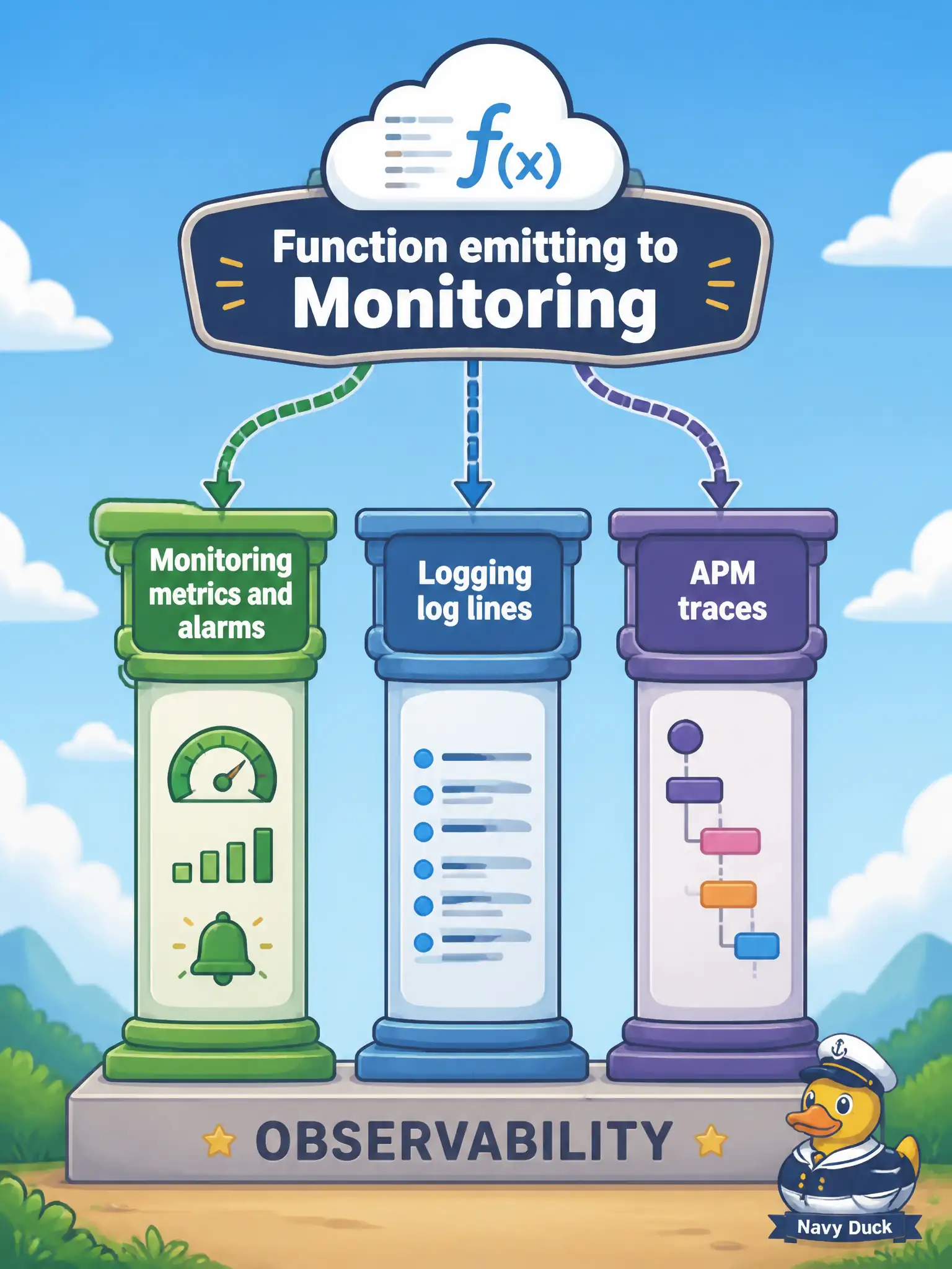 To Create an exciting colorful infographic that explains the concepts in the question: Question: A civic operations board needs numeric invoke rates and threshold alerts for Oracle Functions, plus separate stores for log lines and distributed traces. Which OCI service holds metrics and alarms? Correct Answer: Monitoring, which stores timestamped metric data points and evaluates alarm queries; logs stay in Logging and traces in APM Put EVERY visible label in double quotes. No people. No A/B/C/D letters. In one of the four corners put a little "Navy Duck".
