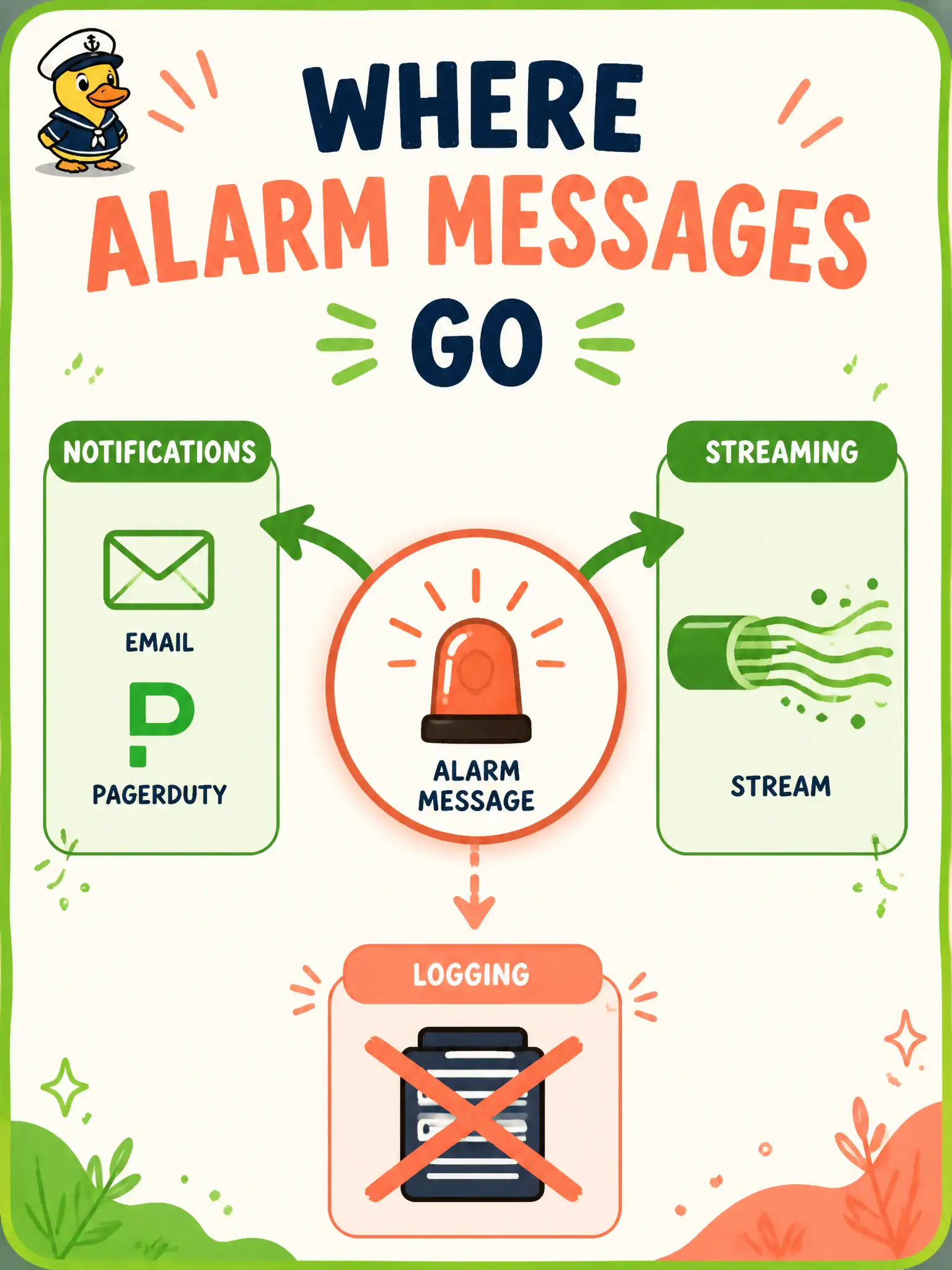 To Create an exciting colorful infographic that explains the concepts in the question: Question: When a parks recreation booking alarm fires, where should the firing message go so on-call staff get email or PagerDuty, without treating Logging as the alarm destination? Correct Answer: To a Notifications topic (or a Streaming stream for high-volume split-by-stream cases) Put EVERY visible label in double quotes. No people. No A/B/C/D letters. In one of the four corners put a little "Navy Duck".