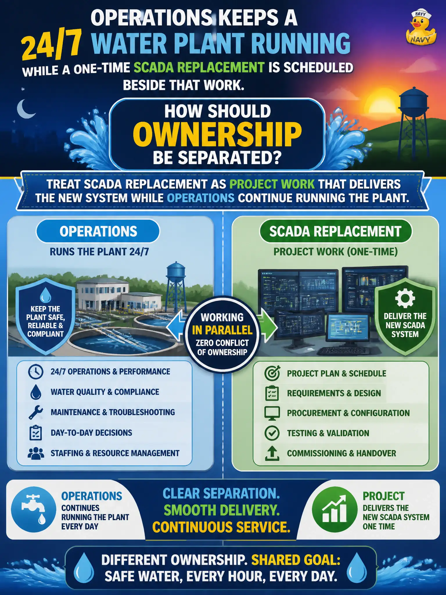 To Create an exciting colorful infographic that explains the concepts in the question: Question: Operations keeps a 24/7 water plant running while a one-time SCADA replacement is scheduled beside that work. How should ownership be separated? Correct Answer: Treat SCADA replacement as project work that delivers the new system while operations continue running the plant. Put EVERY visible label in double quotes. No people. No A/B/C/D letters. In one of the four corners put a little "Navy Duck".