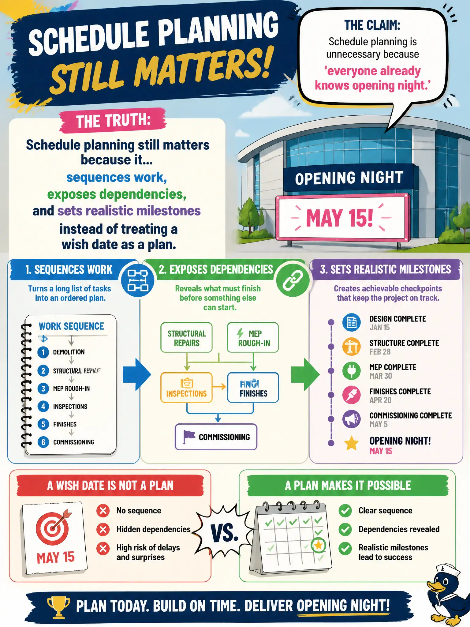 To Create an exciting colorful infographic that explains the concepts in the question: Question: A civic arena remodel team says schedule planning is unnecessary because 'everyone already knows opening night.' Why does schedule planning still matter? Correct Answer: It sequences work, exposes dependencies, and sets realistic milestones instead of treating a wish date as a plan. Put EVERY visible label in double quotes. No people. No A/B/C/D letters. In one of the four corners put a little "Navy Duck".