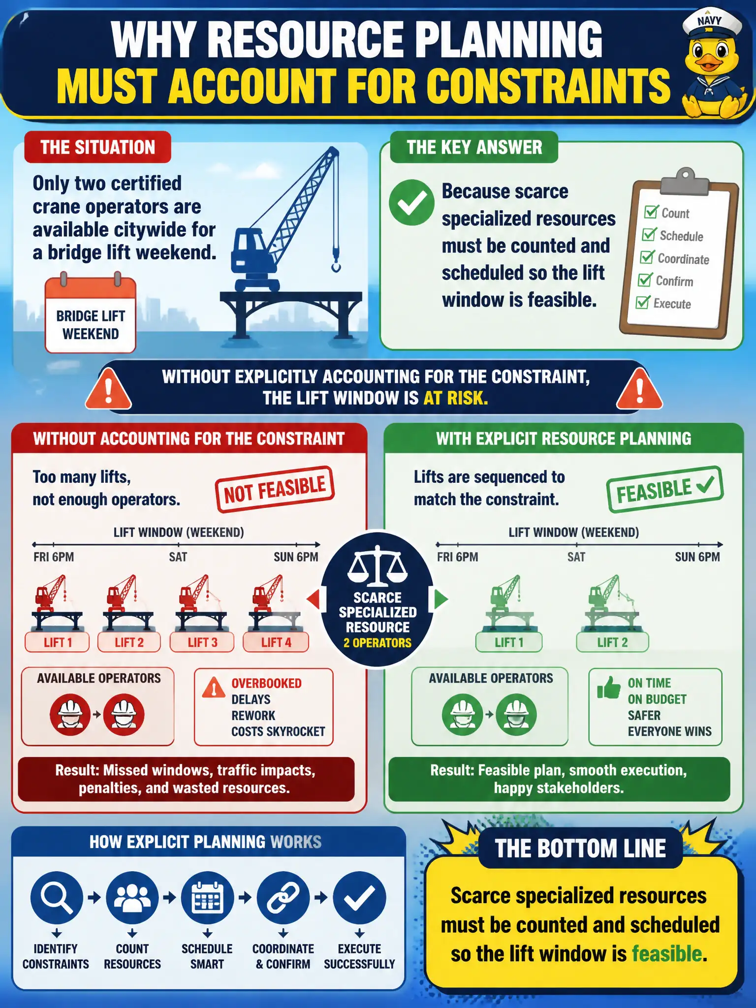 To Create an exciting colorful infographic that explains the concepts in the question: Question: Only two certified crane operators are available citywide for a bridge lift weekend. Why must resource planning explicitly account for that constraint? Correct Answer: Because scarce specialized resources must be counted and scheduled so the lift window is feasible. Put EVERY visible label in double quotes. No people. No A/B/C/D letters. In one of the four corners put a little "Navy Duck".