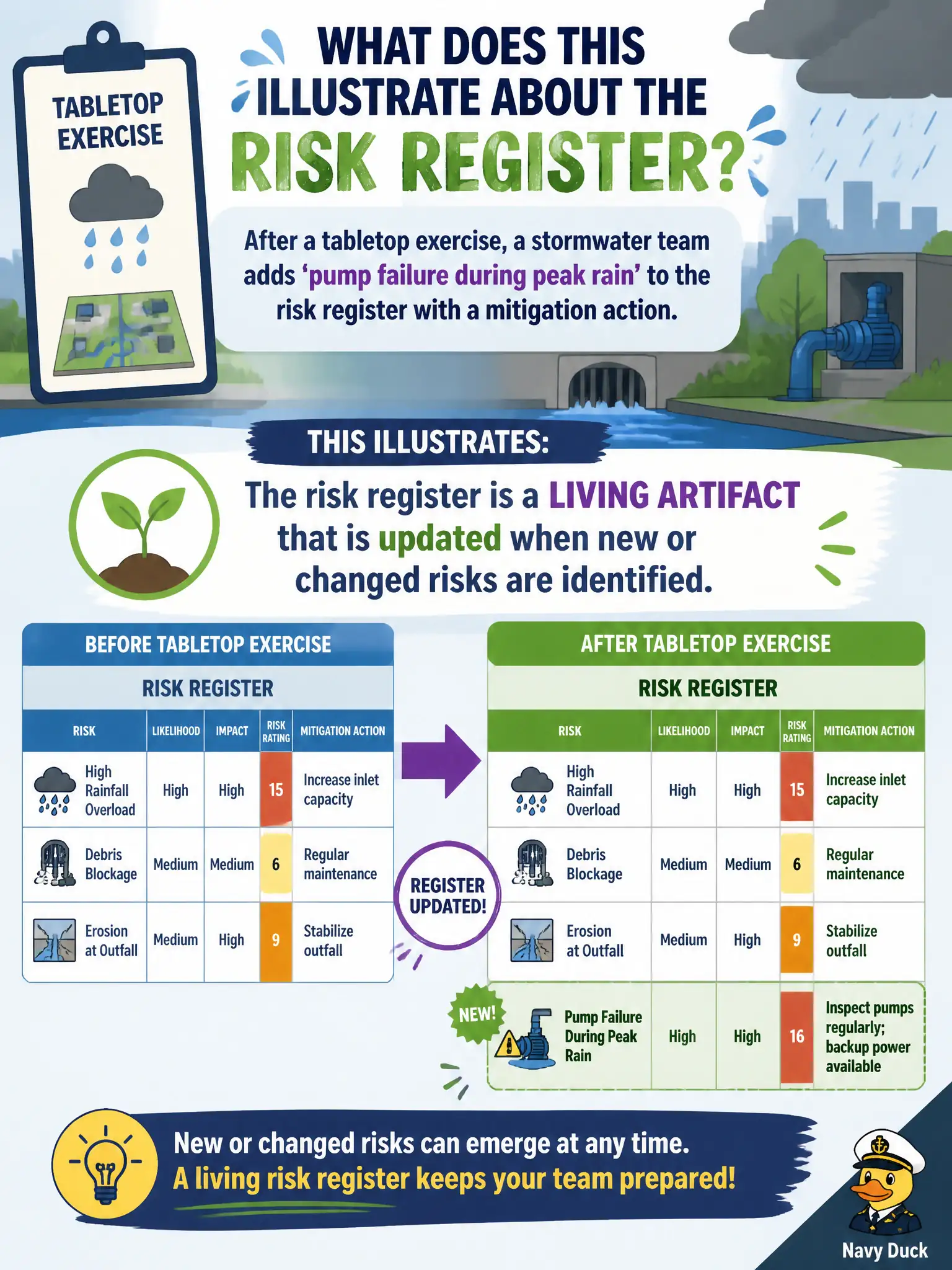 To Create an exciting colorful infographic that explains the concepts in the question: Question: After a tabletop exercise, a stormwater team adds 'pump failure during peak rain' to the risk register with a mitigation action. What does this illustrate about the register? Correct Answer: The risk register is a living artifact that is updated when new or changed risks are identified. Put EVERY visible label in double quotes. No people. No A/B/C/D letters. In one of the four corners put a little "Navy Duck".
