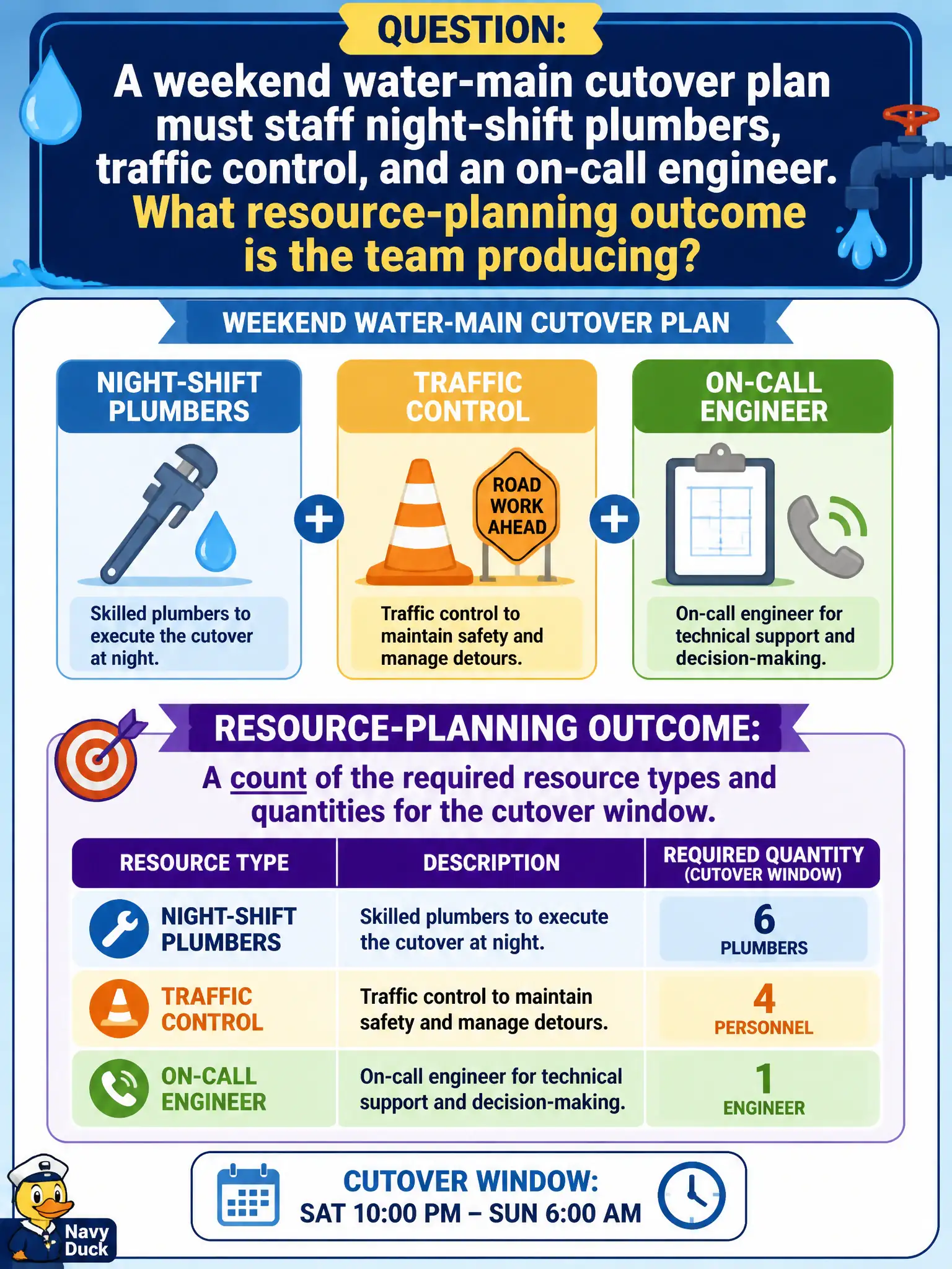 To Create an exciting colorful infographic that explains the concepts in the question: Question: A weekend water-main cutover plan must staff night-shift plumbers, traffic control, and an on-call engineer. What resource-planning outcome is the team producing? Correct Answer: A count of the required resource types and quantities for the cutover window. Put EVERY visible label in double quotes. No people. No A/B/C/D letters. In one of the four corners put a little "Navy Duck".
