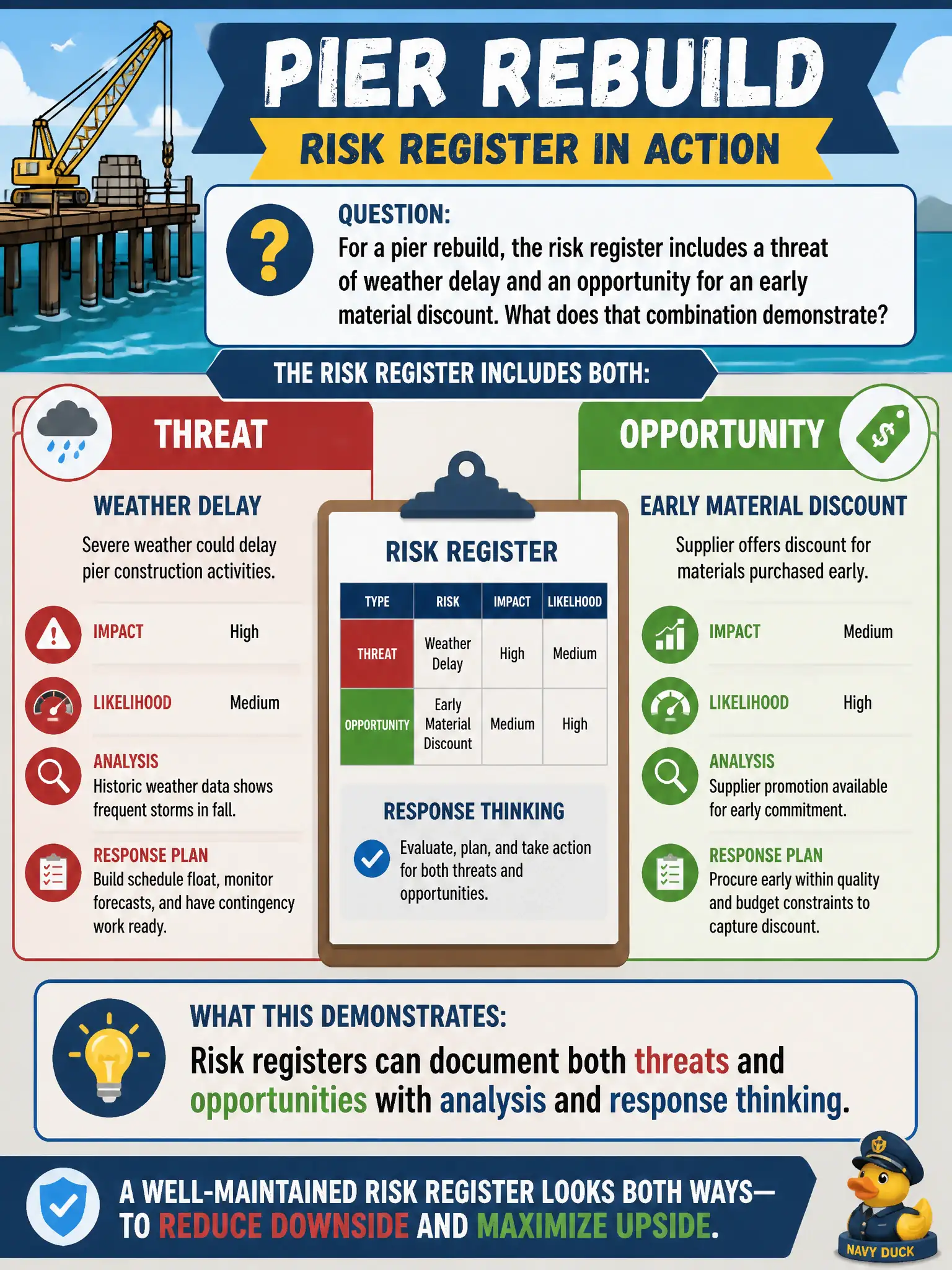 To Create an exciting colorful infographic that explains the concepts in the question: Question: For a pier rebuild, the risk register includes a threat of weather delay and an opportunity for an early material discount. What does that combination demonstrate? Correct Answer: Risk registers can document both threats and opportunities with analysis and response thinking. Put EVERY visible label in double quotes. No people. No A/B/C/D letters. In one of the four corners put a little "Navy Duck".