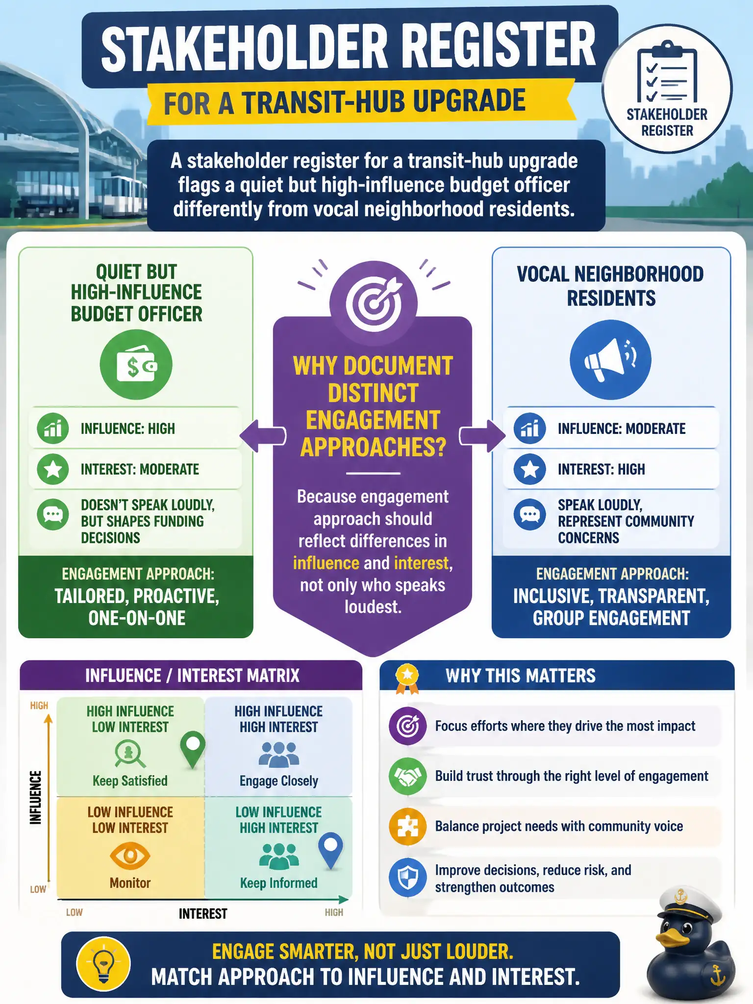 To Create an exciting colorful infographic that explains the concepts in the question: Question: A stakeholder register for a transit-hub upgrade flags a quiet but high-influence budget officer differently from vocal neighborhood residents. Why document distinct engagement approaches? Correct Answer: Because engagement approach should reflect differences in influence and interest, not only who speaks loudest. Put EVERY visible label in double quotes. No people. No A/B/C/D letters. In one of the four corners put a little "Navy Duck".