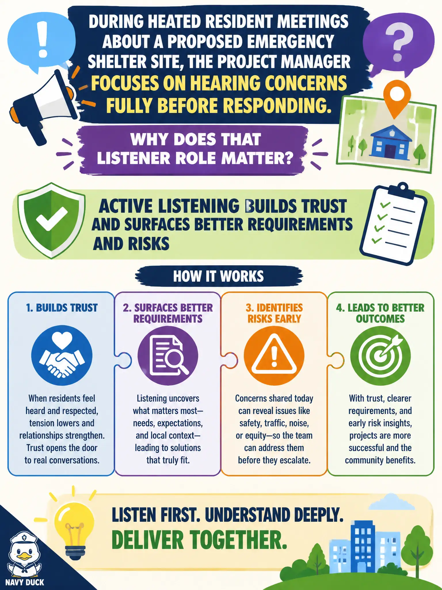 To Create an exciting colorful infographic that explains the concepts in the question: Question: During heated resident meetings about a proposed emergency shelter site, the project manager focuses on hearing concerns fully before responding. Why does that listener role matter? Correct Answer: Active listening builds trust and surfaces better requirements and risks Put EVERY visible label in double quotes. No people. No A/B/C/D letters. In one of the four corners put a little "Navy Duck".