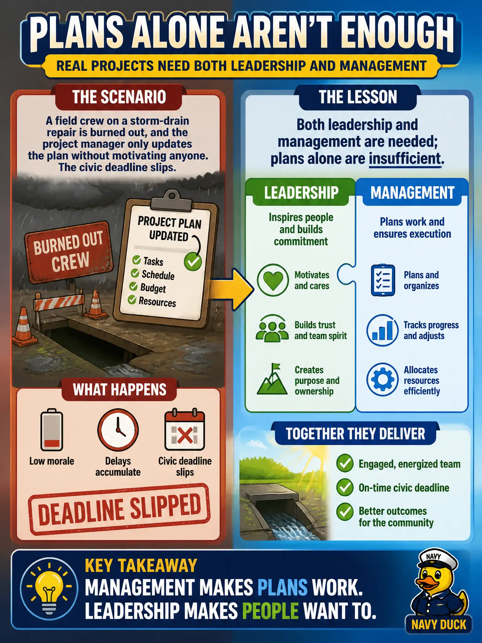 To Create an exciting colorful infographic that explains the concepts in the question: Question: A field crew on a storm-drain repair is burned out, and the project manager only updates the plan without motivating anyone. The civic deadline slips. What lesson does this reinforce? Correct Answer: Both leadership and management are needed; plans alone are insufficient Put EVERY visible label in double quotes. No people. No A/B/C/D letters. In one of the four corners put a little "Navy Duck".