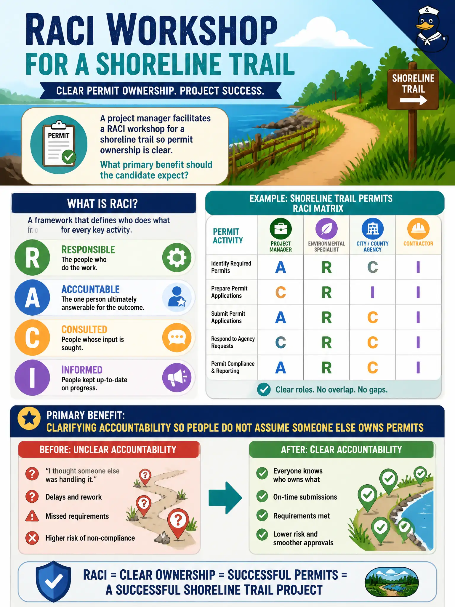 To Create an exciting colorful infographic that explains the concepts in the question: Question: A project manager facilitates a RACI workshop for a shoreline trail so permit ownership is clear. What primary benefit should the candidate expect? Correct Answer: Clarifying accountability so people do not assume someone else owns permits Put EVERY visible label in double quotes. No people. No A/B/C/D letters. In one of the four corners put a little "Navy Duck".