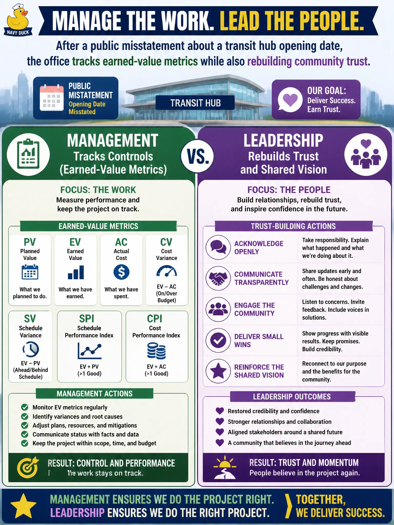 To Create an exciting colorful infographic that explains the concepts in the question: Question: After a public misstatement about a transit hub opening date, the office tracks earned-value metrics while also rebuilding community trust. How should a candidate contrast those efforts? Correct Answer: Management tracks controls such as EV metrics; leadership rebuilds trust and shared vision Put EVERY visible label in double quotes. No people. No A/B/C/D letters. In one of the four corners put a little "Navy Duck".