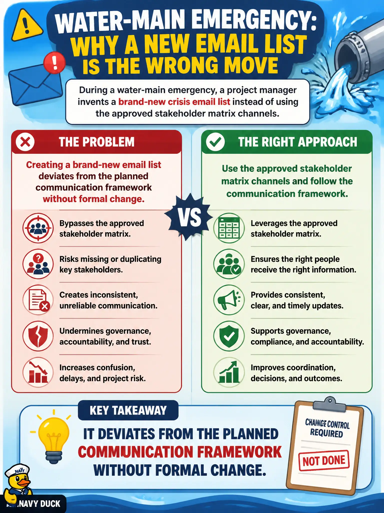 To Create an exciting colorful infographic that explains the concepts in the question: Question: During a water-main emergency, a project manager invents a brand-new crisis email list instead of using the approved stakeholder matrix channels. Why is that approach problematic? Correct Answer: It deviates from the planned communication framework without formal change Put EVERY visible label in double quotes. No people. No A/B/C/D letters. In one of the four corners put a little "Navy Duck".