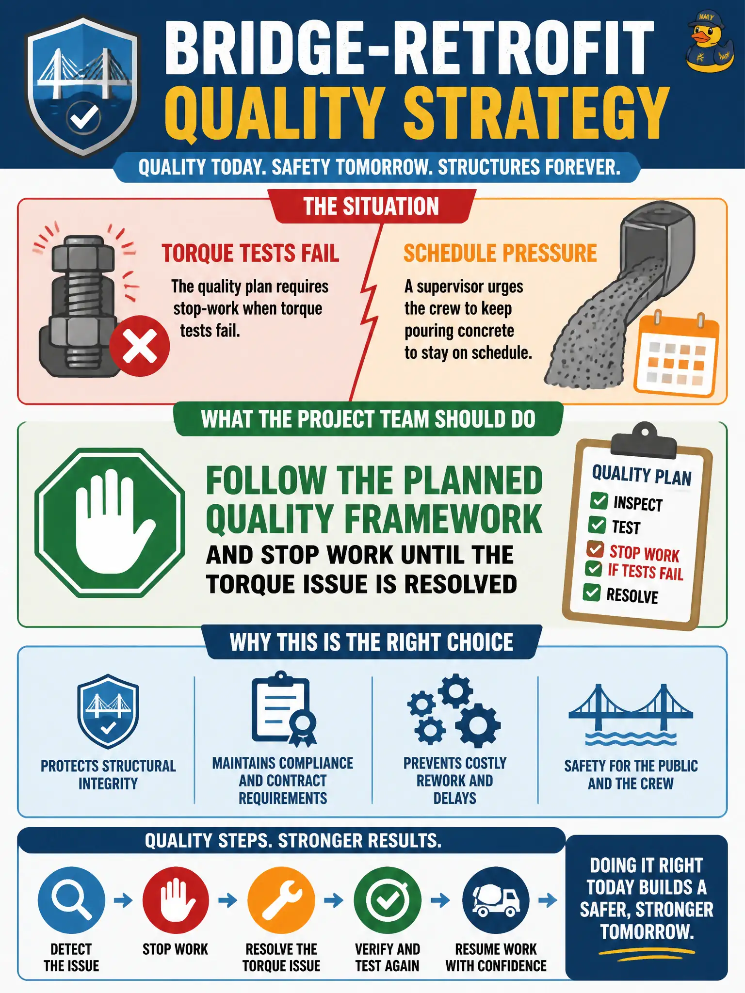 To Create an exciting colorful infographic that explains the concepts in the question: Question: A bridge-retrofit quality strategy requires stop-work when torque tests fail. A supervisor urges the crew to keep pouring concrete to stay on schedule. What should the project team do? Correct Answer: Follow the planned quality framework and stop work until the torque issue is resolved Put EVERY visible label in double quotes. No people. No A/B/C/D letters. In one of the four corners put a little "Navy Duck".