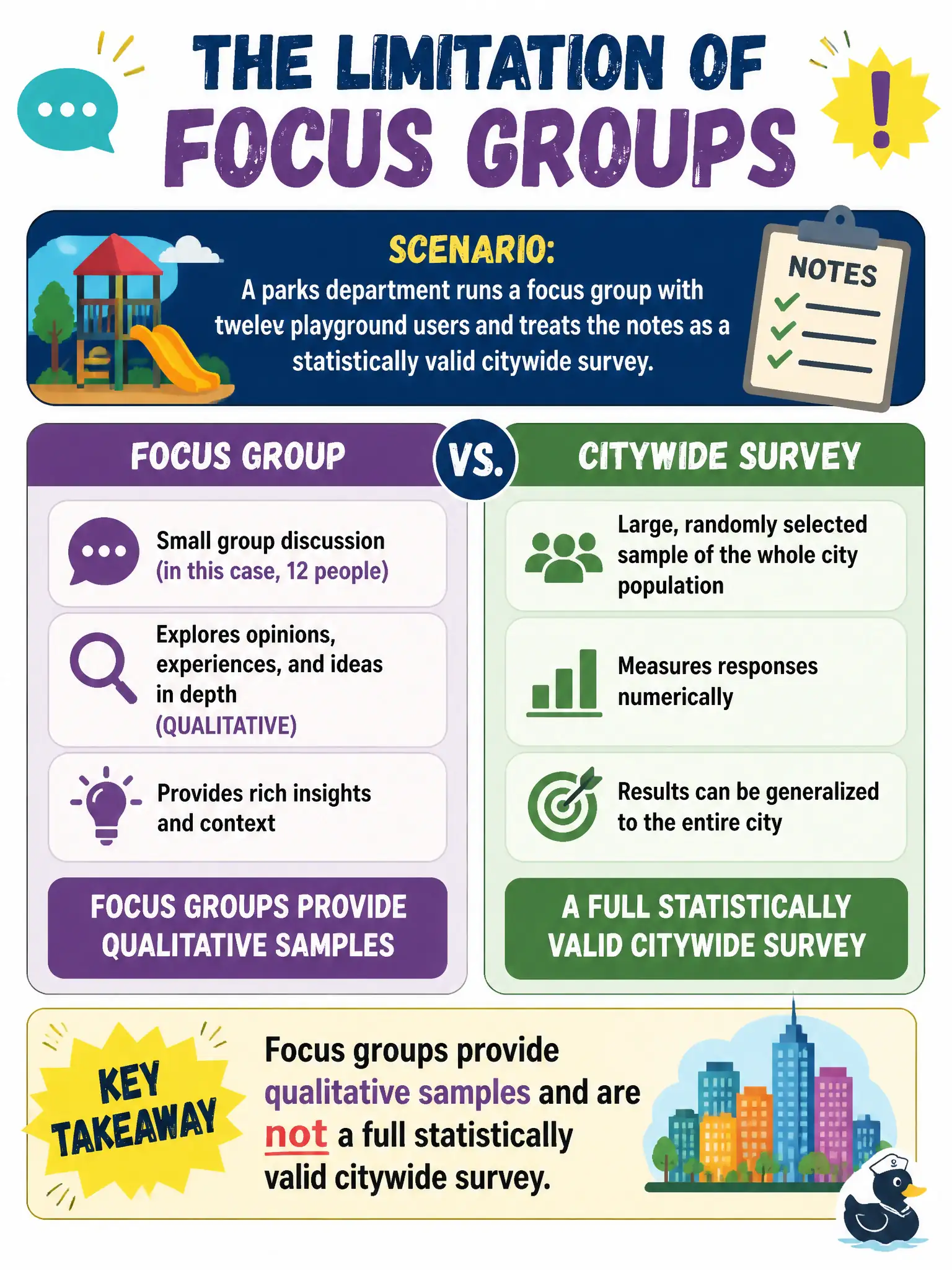 To Create an exciting colorful infographic that explains the concepts in the question: Question: A parks department runs a focus group with twelve playground users and treats the notes as a statistically valid citywide survey. What limitation of focus groups does this miss? Correct Answer: Focus groups provide qualitative samples and are not a full statistically valid citywide survey Put EVERY visible label in double quotes. No people. No A/B/C/D letters. In one of the four corners put a little "Navy Duck".