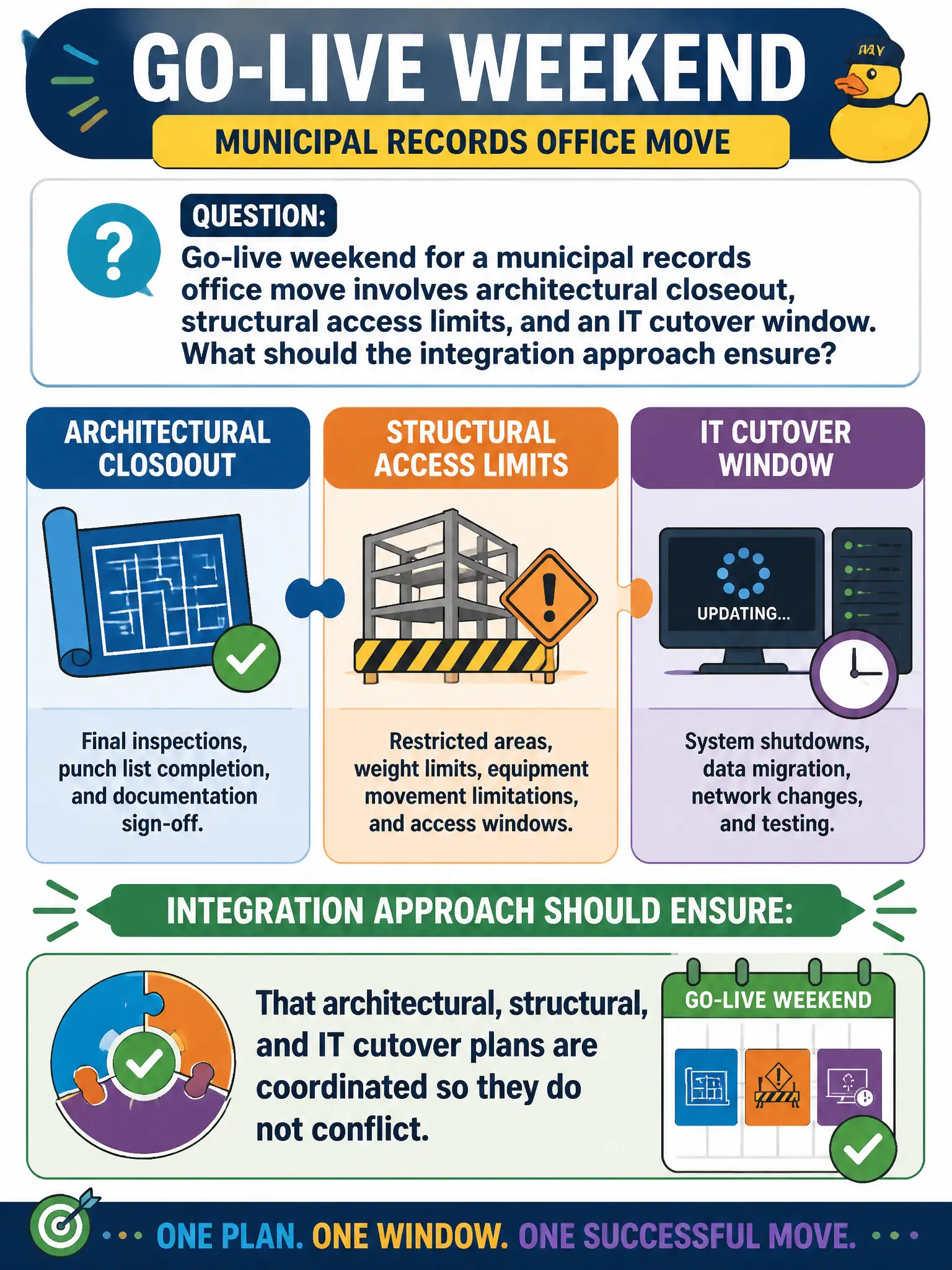 To Create an exciting colorful infographic that explains the concepts in the question: Question: Go-live weekend for a municipal records office move involves architectural closeout, structural access limits, and an IT cutover window. What should the integration approach ensure? Correct Answer: That architectural, structural, and IT cutover plans are coordinated so they do not conflict. Put EVERY visible label in double quotes. No people. No A/B/C/D letters. In one of the four corners put a little "Navy Duck".