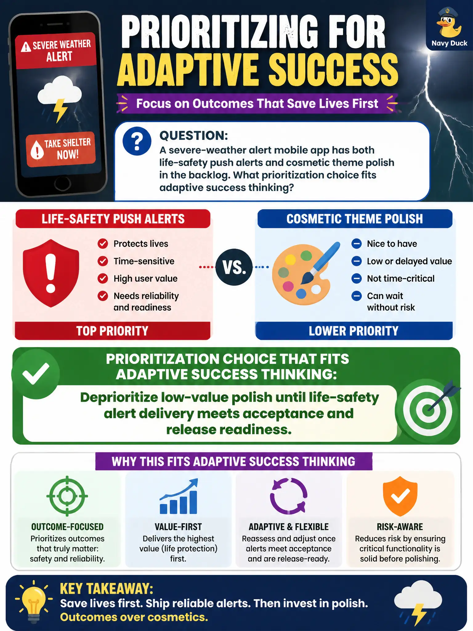 To Create an exciting colorful infographic that explains the concepts in the question: Question: A severe-weather alert mobile app has both life-safety push alerts and cosmetic theme polish in the backlog. What prioritization choice fits adaptive success thinking? Correct Answer: Deprioritize low-value polish until life-safety alert delivery meets acceptance and release readiness. Put EVERY visible label in double quotes. No people. No A/B/C/D letters. In one of the four corners put a little "Navy Duck".