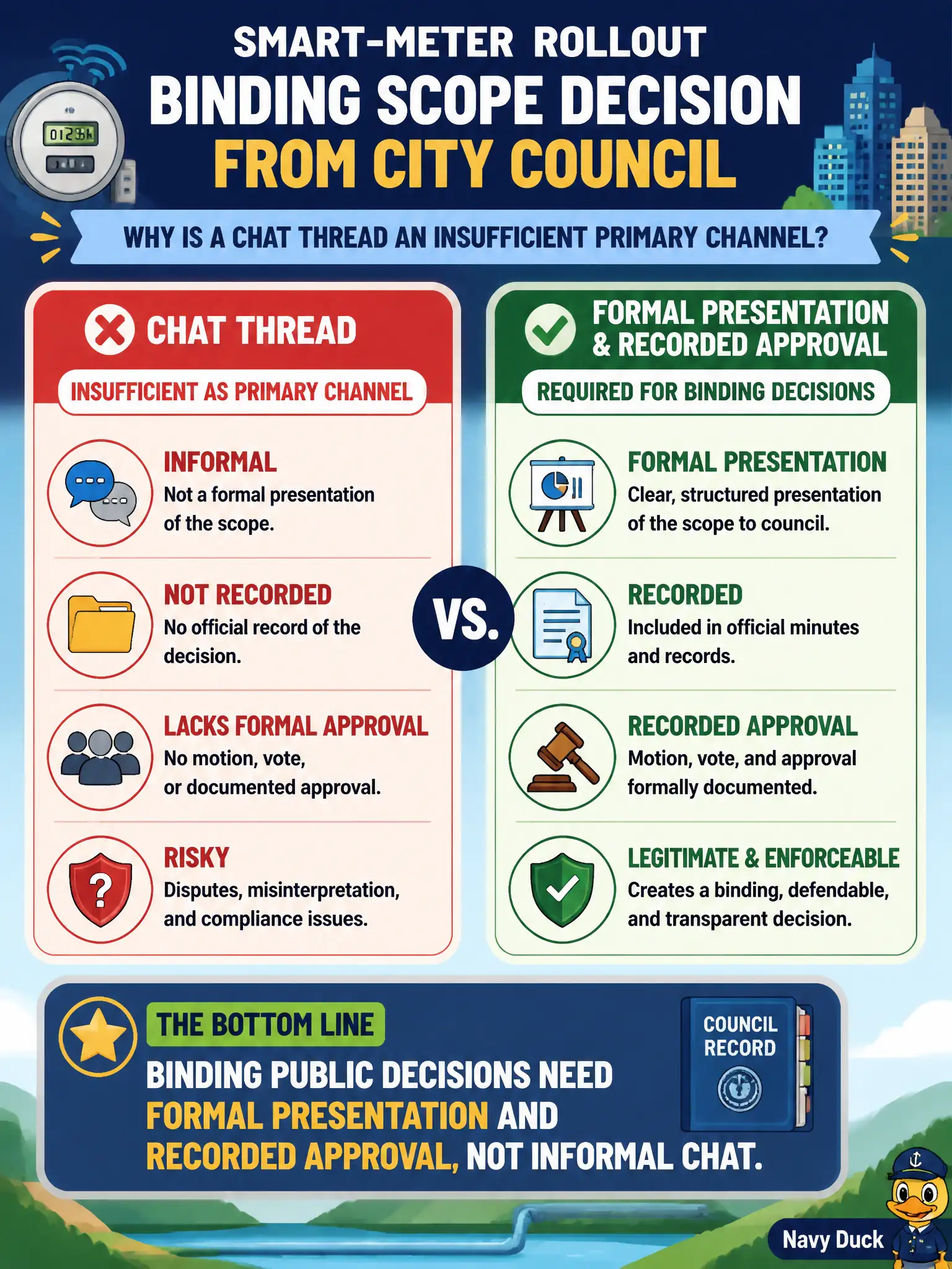 To Create an exciting colorful infographic that explains the concepts in the question: Question: A utilities team must get a binding scope decision from city council on a smart-meter rollout. Why is a chat thread an insufficient primary channel? Correct Answer: Binding public decisions need formal presentation and recorded approval, not informal chat. Put EVERY visible label in double quotes. No people. No A/B/C/D letters. In one of the four corners put a little "Navy Duck".