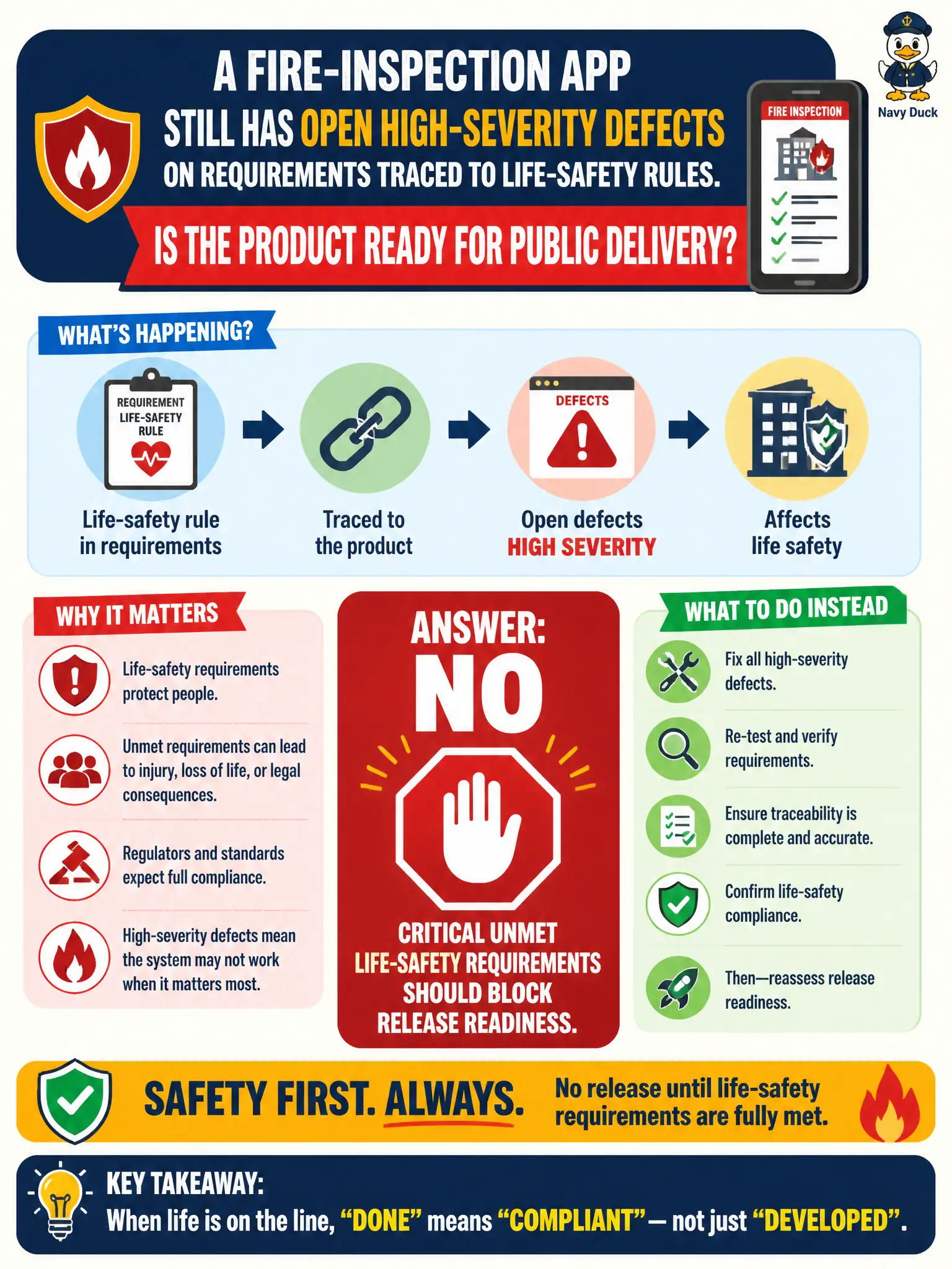 To Create an exciting colorful infographic that explains the concepts in the question: Question: A fire-inspection app still has open high-severity defects on requirements traced to life-safety rules. Is the product ready for public delivery? Correct Answer: No—critical unmet life-safety requirements should block release readiness. Put EVERY visible label in double quotes. No people. No A/B/C/D letters. In one of the four corners put a little "Navy Duck".