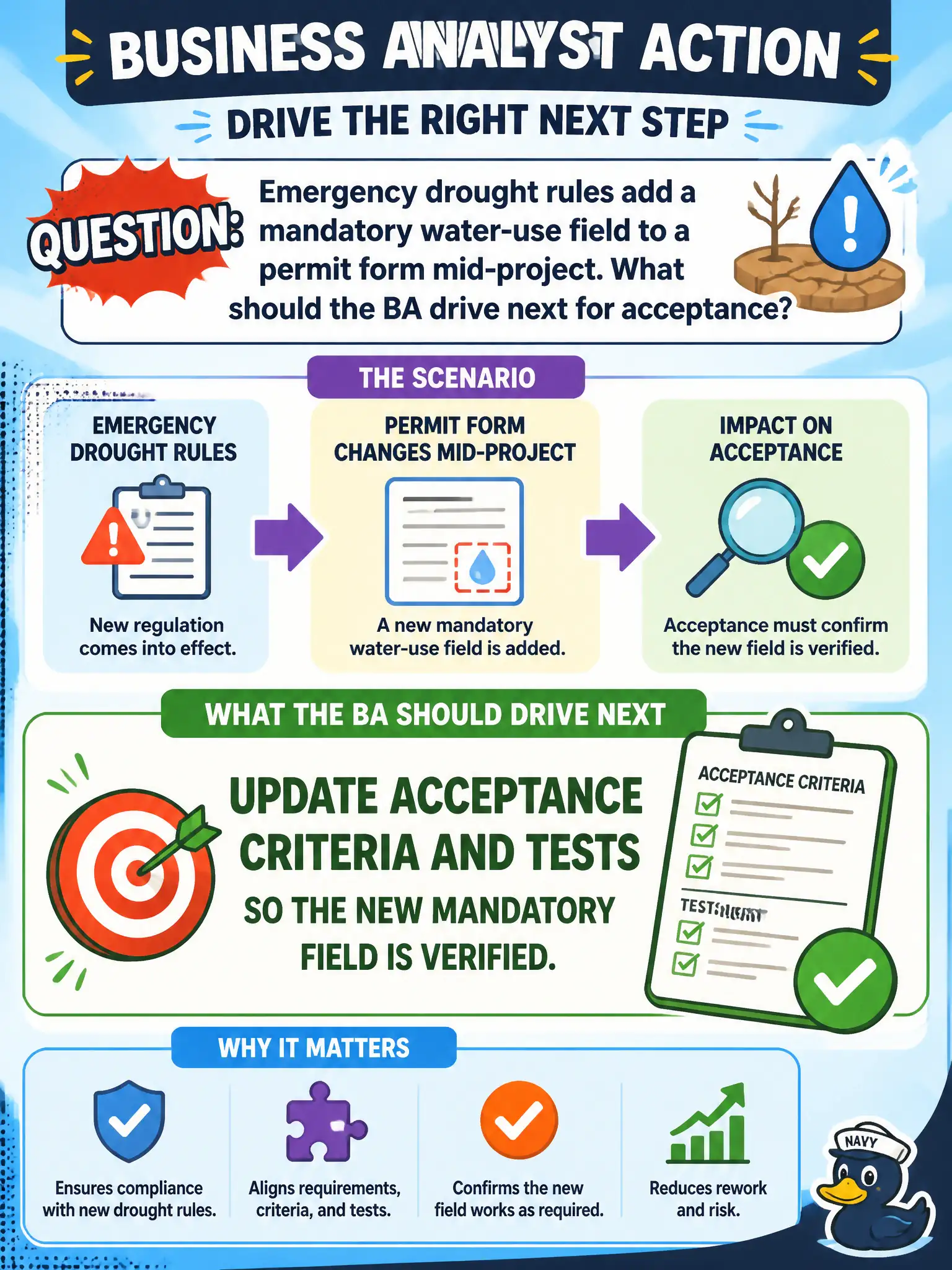 To Create an exciting colorful infographic that explains the concepts in the question: Question: Emergency drought rules add a mandatory water-use field to a permit form mid-project. What should the BA drive next for acceptance? Correct Answer: Update acceptance criteria and tests so the new mandatory field is verified. Put EVERY visible label in double quotes. No people. No A/B/C/D letters. In one of the four corners put a little "Navy Duck".