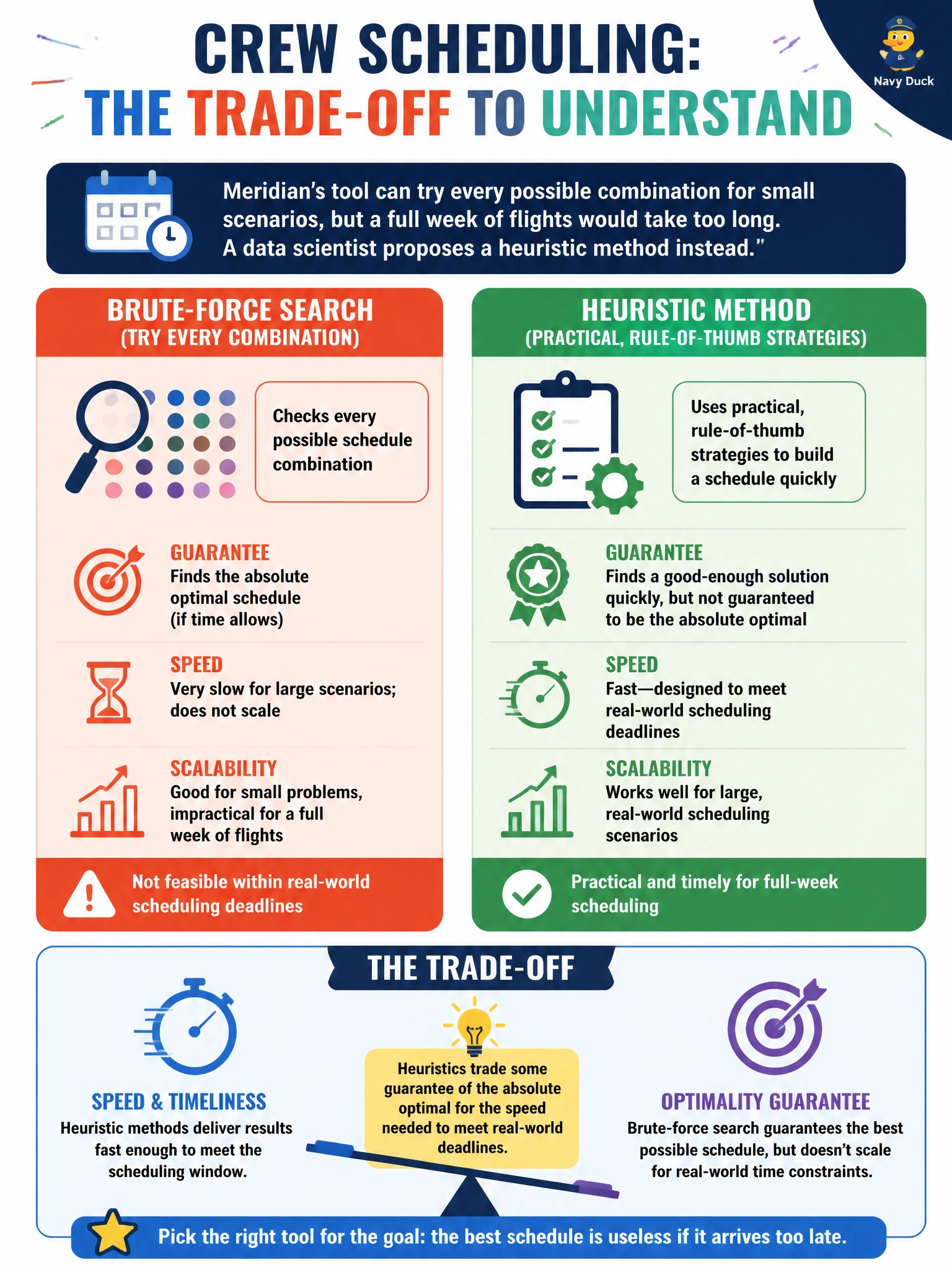 To Create an exciting colorful infographic that explains the concepts in the question: Question: Meridian's crew-scheduling optimization tool can solve small scheduling scenarios by trying every possible combination, but for a full week of flights, that approach would take longer than the scheduling window allows. A data scientist proposes a heuristic method instead. What should the PM understand about this trade-off? Correct Answer: A heuristic method uses practical, rule-of-thumb strategies to find a good-enough solution quickly, trading some guarantee of finding the absolute optimal schedule for the speed needed to meet real-world scheduling deadlines, unlike brute-force search which checks every combination but does not scale Put EVERY visible label in double quotes. No people. No A/B/C/D letters. In one of the four corners put a little "Navy Duck".