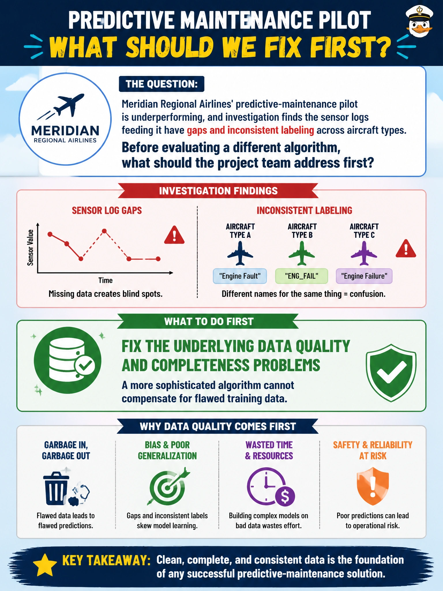 To Create an exciting colorful infographic that explains the concepts in the question: Question: Meridian Regional Airlines' predictive-maintenance pilot is underperforming, and investigation finds the sensor logs feeding it have gaps and inconsistent labeling across aircraft types. Before evaluating a different algorithm, what should the project team address first? Correct Answer: Fix the underlying data quality and completeness problems, since a more sophisticated algorithm cannot compensate for flawed training data Put EVERY visible label in double quotes. No people. No A/B/C/D letters. In one of the four corners put a little "Navy Duck".