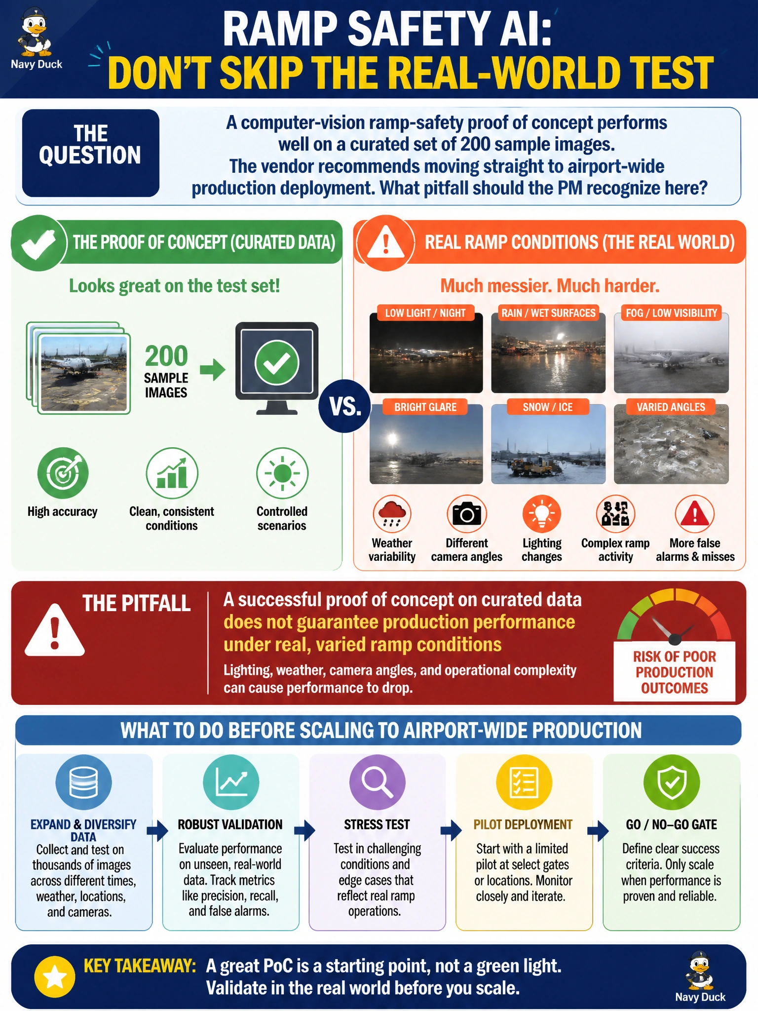 To Create an exciting colorful infographic that explains the concepts in the question: Question: A computer-vision ramp-safety proof of concept performs well on a curated set of 200 sample images. The vendor recommends moving straight to airport-wide production deployment. What pitfall should the PM recognize here? Correct Answer: A successful proof of concept on curated data does not guarantee production performance under real, varied ramp conditions — lighting, weather, camera angles — so further validation is needed before scaling Put EVERY visible label in double quotes. No people. No A/B/C/D letters. In one of the four corners put a little "Navy Duck".