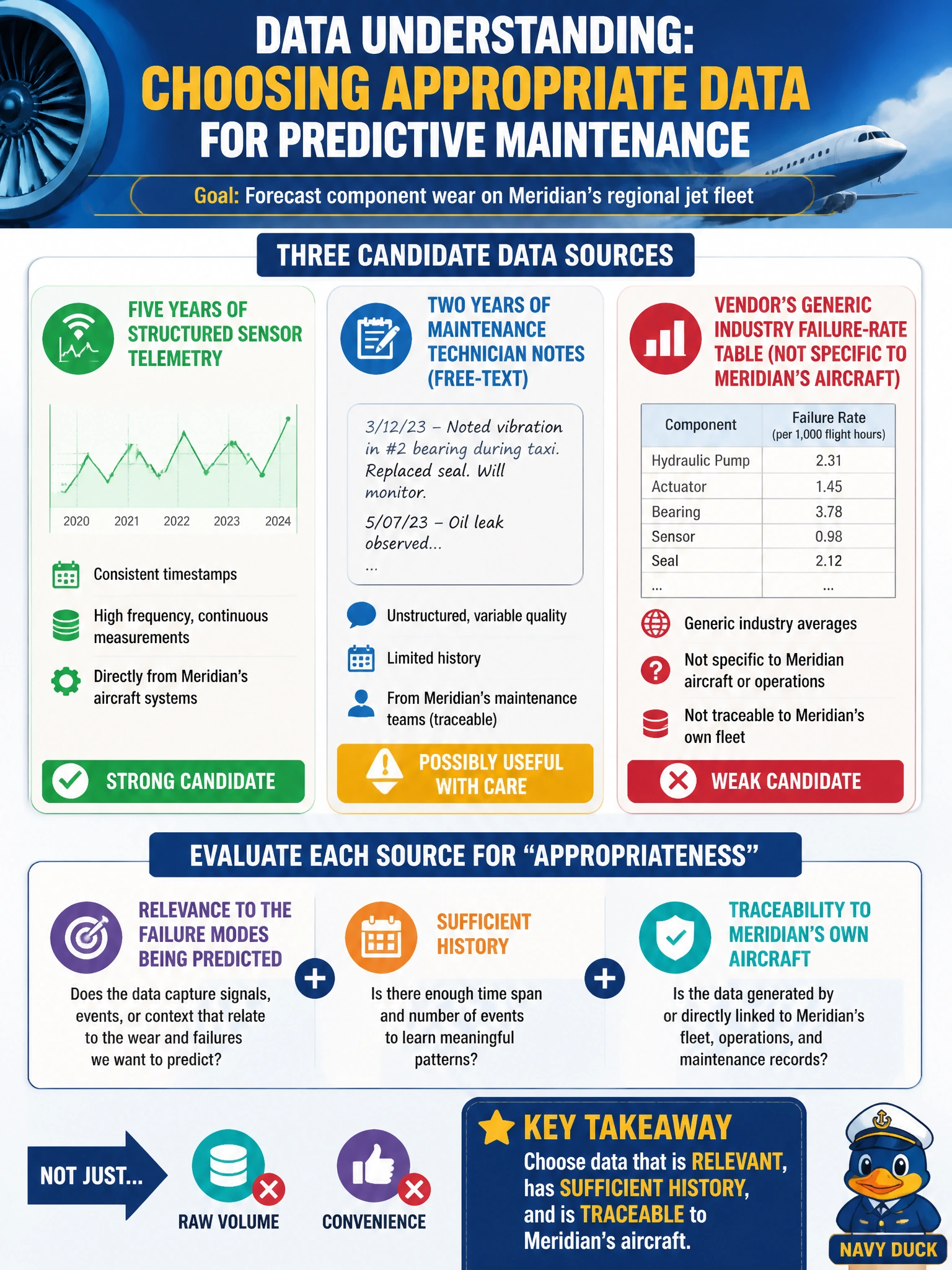 To Create an exciting colorful infographic that explains the concepts in the question: Question: Meridian's predictive-maintenance team has three candidate data sources for forecasting component wear on its regional jet fleet: five years of structured sensor telemetry with consistent timestamps, two years of maintenance technician notes in free-text form, and a vendor's generic industry failure-rate table that isn't specific to Meridian's aircraft. During Data Understanding, how should the team evaluate which datasets are "appropriate" for this ML initiative? Correct Answer: Assess each source for relevance to the failure modes being predicted, sufficient history, and traceability back to Meridian's own aircraft, not just raw volume or convenience Put EVERY visible label in double quotes. No people. No A/B/C/D letters. In one of the four corners put a little "Navy Duck".