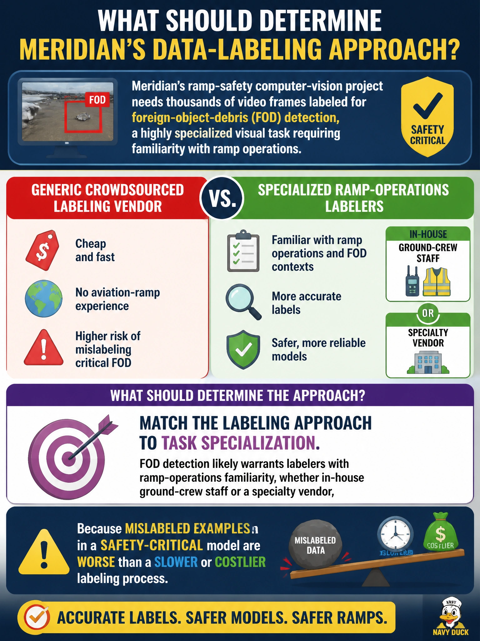 To Create an exciting colorful infographic that explains the concepts in the question: Question: Meridian's ramp-safety computer-vision project needs thousands of video frames labeled for foreign-object-debris (FOD) detection, a highly specialized visual task requiring familiarity with ramp operations. A generic crowdsourced labeling vendor is cheap and fast but has no aviation-ramp experience. What should determine Meridian's data-labeling approach? Correct Answer: Match the labeling approach to task specialization: FOD detection likely warrants labelers with ramp-operations familiarity, whether in-house ground-crew staff or a specialty vendor, because mislabeled examples in a safety-critical model are worse than a slower or costlier labeling process Put EVERY visible label in double quotes. No people. No A/B/C/D letters. In one of the four corners put a little "Navy Duck".