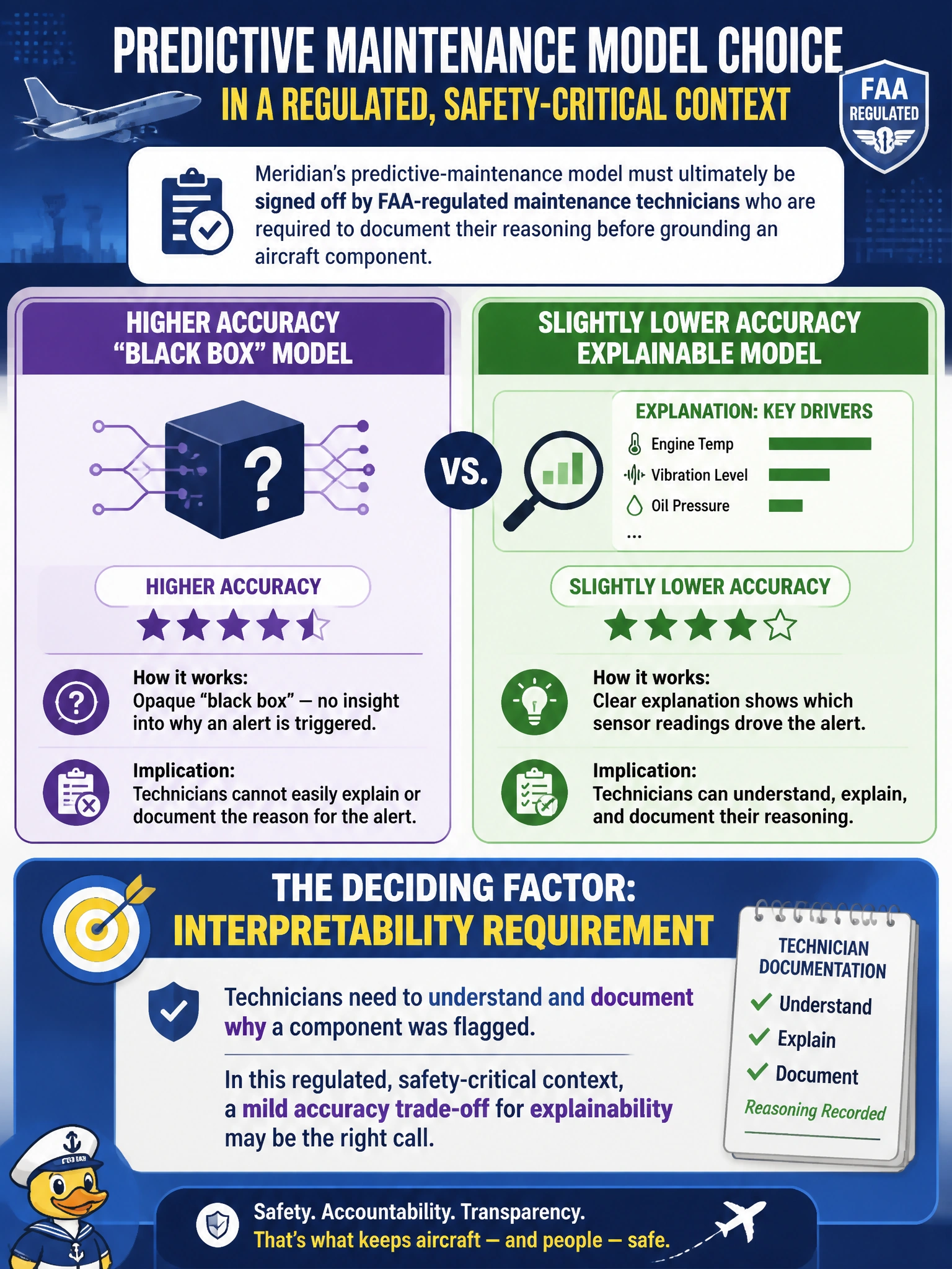 To Create an exciting colorful infographic that explains the concepts in the question: Question: Meridian's predictive-maintenance model must ultimately be signed off by FAA-regulated maintenance technicians who are required to document their reasoning before grounding an aircraft component. A highly accurate but "black box" model is available, alongside a slightly less accurate model whose flagged predictions come with a clear explanation of which sensor readings drove the alert. Which factor should most heavily influence the model-development requirement here? Correct Answer: The interpretability requirement should weigh heavily: technicians need to understand and document why a component was flagged, so a mild accuracy trade-off for explainability may be the right call in this regulated, safety-critical context Put EVERY visible label in double quotes. No people. No A/B/C/D letters. In one of the four corners put a little "Navy Duck".