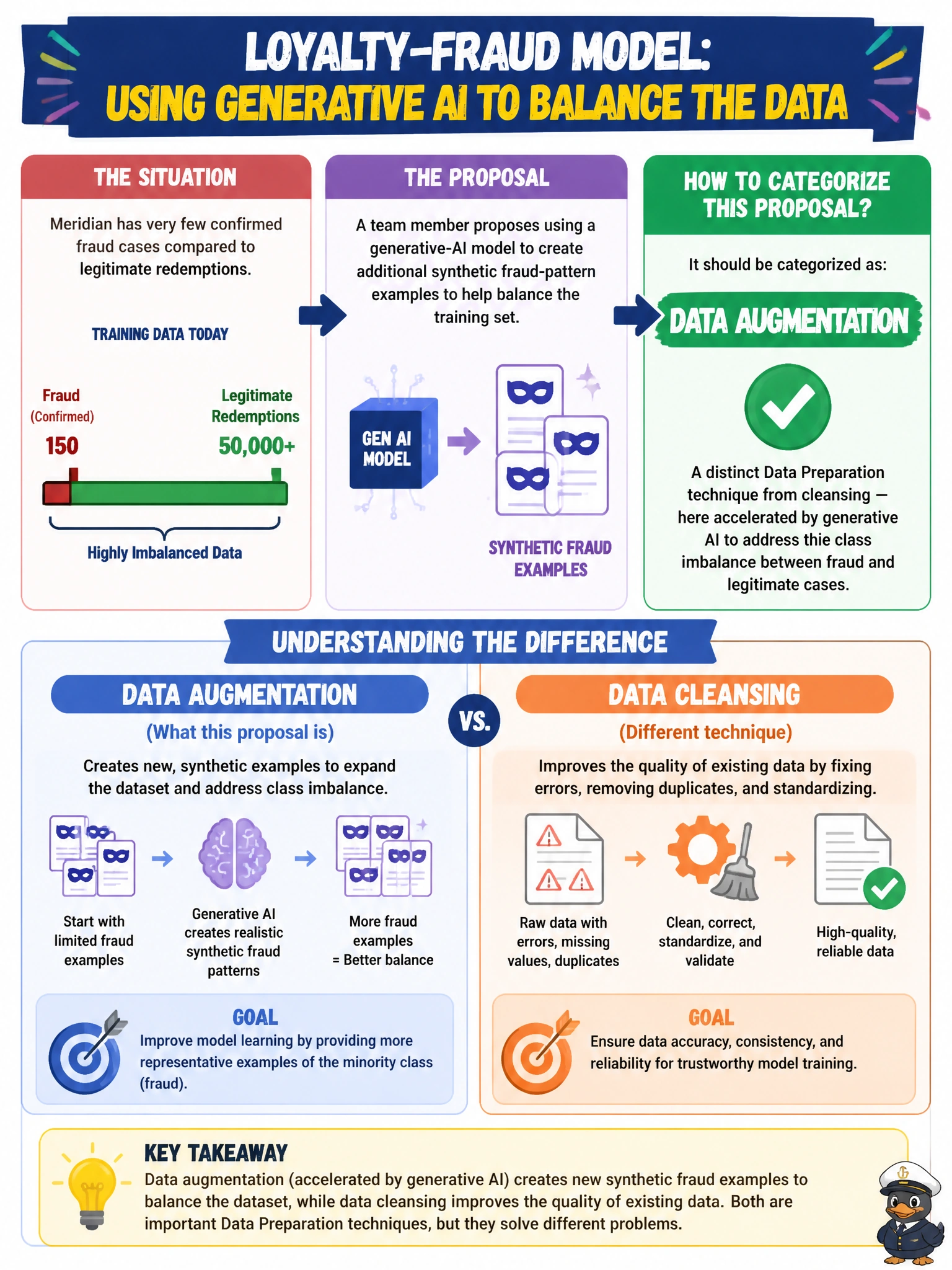 To Create an exciting colorful infographic that explains the concepts in the question: Question: For the loyalty-fraud model, Meridian has very few confirmed fraud cases compared to legitimate redemptions. A team member proposes using a generative-AI model to create additional synthetic fraud-pattern examples to help balance the training set, separate from the earlier step of cleaning up existing transcript records. How should the project manager categorize this proposal? Correct Answer: As data augmentation, a distinct Data Preparation technique from cleansing — here accelerated by generative AI to address the class imbalance between fraud and legitimate cases Put EVERY visible label in double quotes. No people. No A/B/C/D letters. In one of the four corners put a little "Navy Duck".