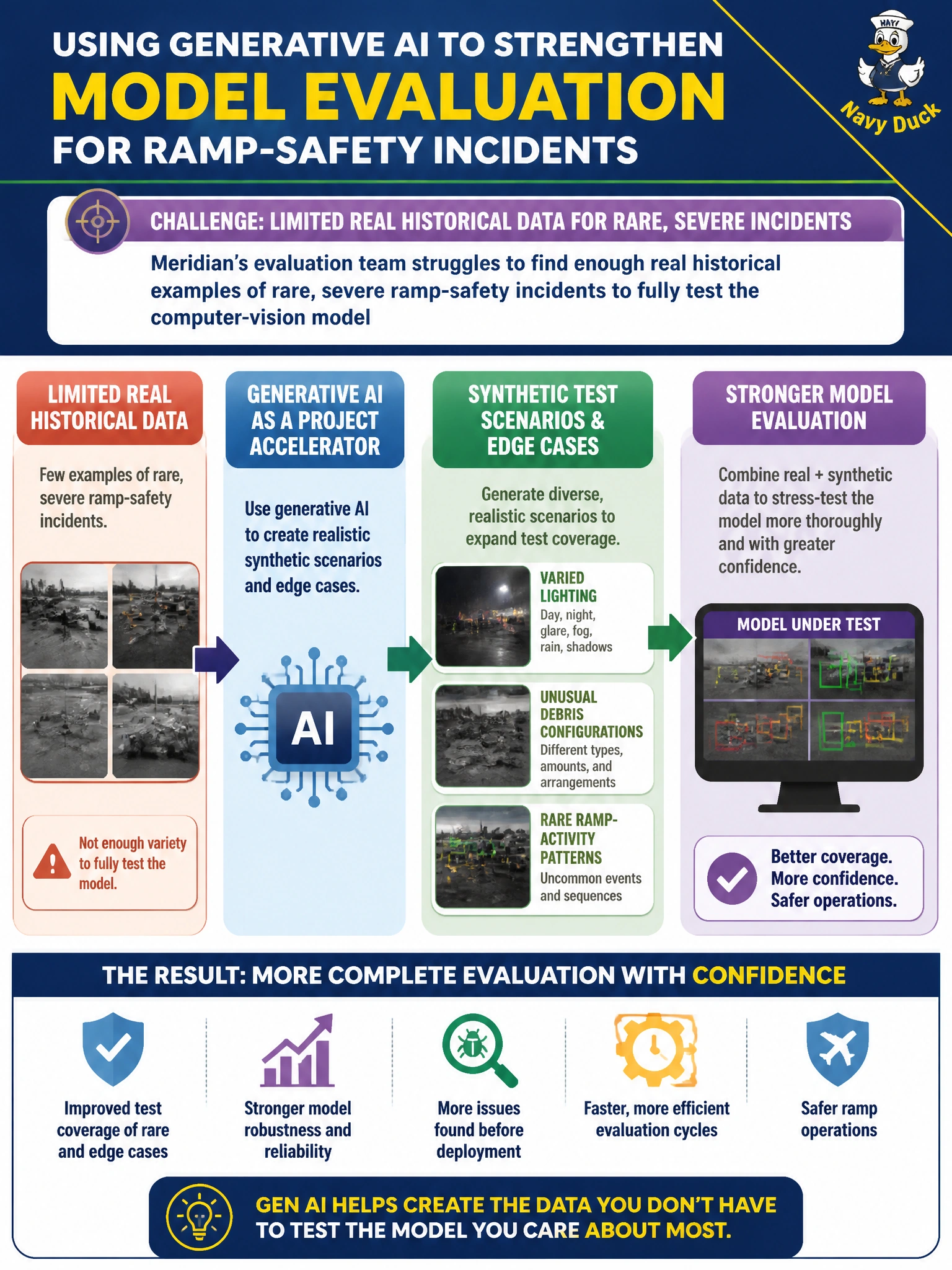 To Create an exciting colorful infographic that explains the concepts in the question: Question: Meridian's evaluation team struggles to find enough real historical examples of rare, severe ramp-safety incidents to fully test the computer-vision model against. How might generative AI be used, consistent with CPMAI's view of generative AI as a project accelerator, to strengthen the Model Evaluation phase here? Correct Answer: Using generative AI to help produce realistic synthetic test scenarios or edge cases (such as varied lighting, unusual debris configurations, or rare ramp-activity patterns) to supplement the limited real historical incident data available for evaluation testing Put EVERY visible label in double quotes. No people. No A/B/C/D letters. In one of the four corners put a little "Navy Duck".