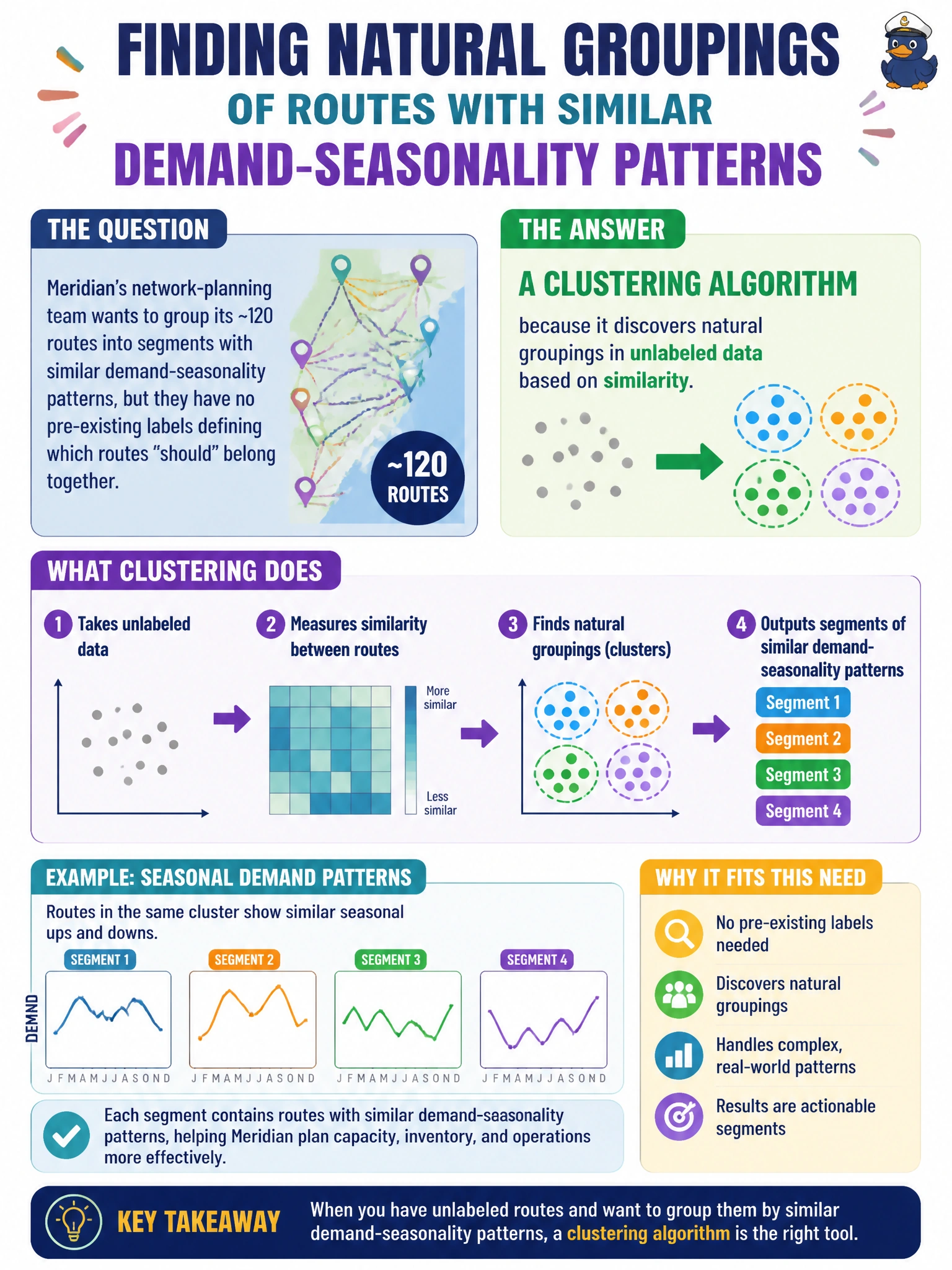To Create an exciting colorful infographic that explains the concepts in the question: Question: Meridian's network-planning team wants to group its ~120 routes into segments with similar demand-seasonality patterns, but they have no pre-existing labels defining which routes "should" belong together. Which type of algorithm fits this need? Correct Answer: A clustering algorithm, because it discovers natural groupings in unlabeled data based on similarity Put EVERY visible label in double quotes. No people. No A/B/C/D letters. In one of the four corners put a little "Navy Duck".
