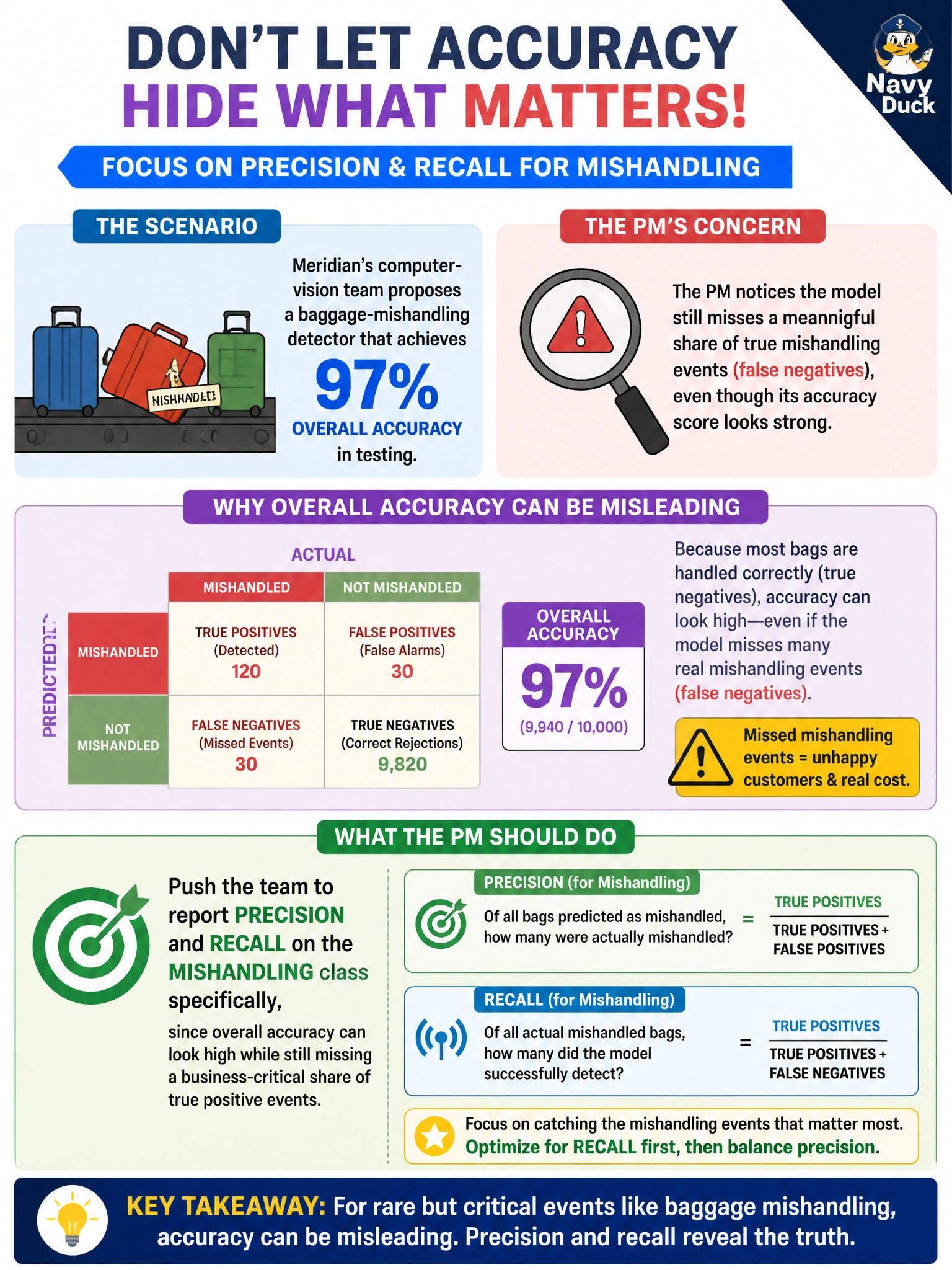 To Create an exciting colorful infographic that explains the concepts in the question: Question: Meridian's computer-vision team proposes a baggage-mishandling detector that achieves 97% overall accuracy in testing. The PM reviewing the results notices the model still misses a meaningful share of true mishandling events (false negatives), even though its accuracy score looks strong. What should the PM do? Correct Answer: Push the team to report precision and recall on the mishandling class specifically, since overall accuracy can look high while still missing a business-critical share of true positive events Put EVERY visible label in double quotes. No people. No A/B/C/D letters. In one of the four corners put a little "Navy Duck".