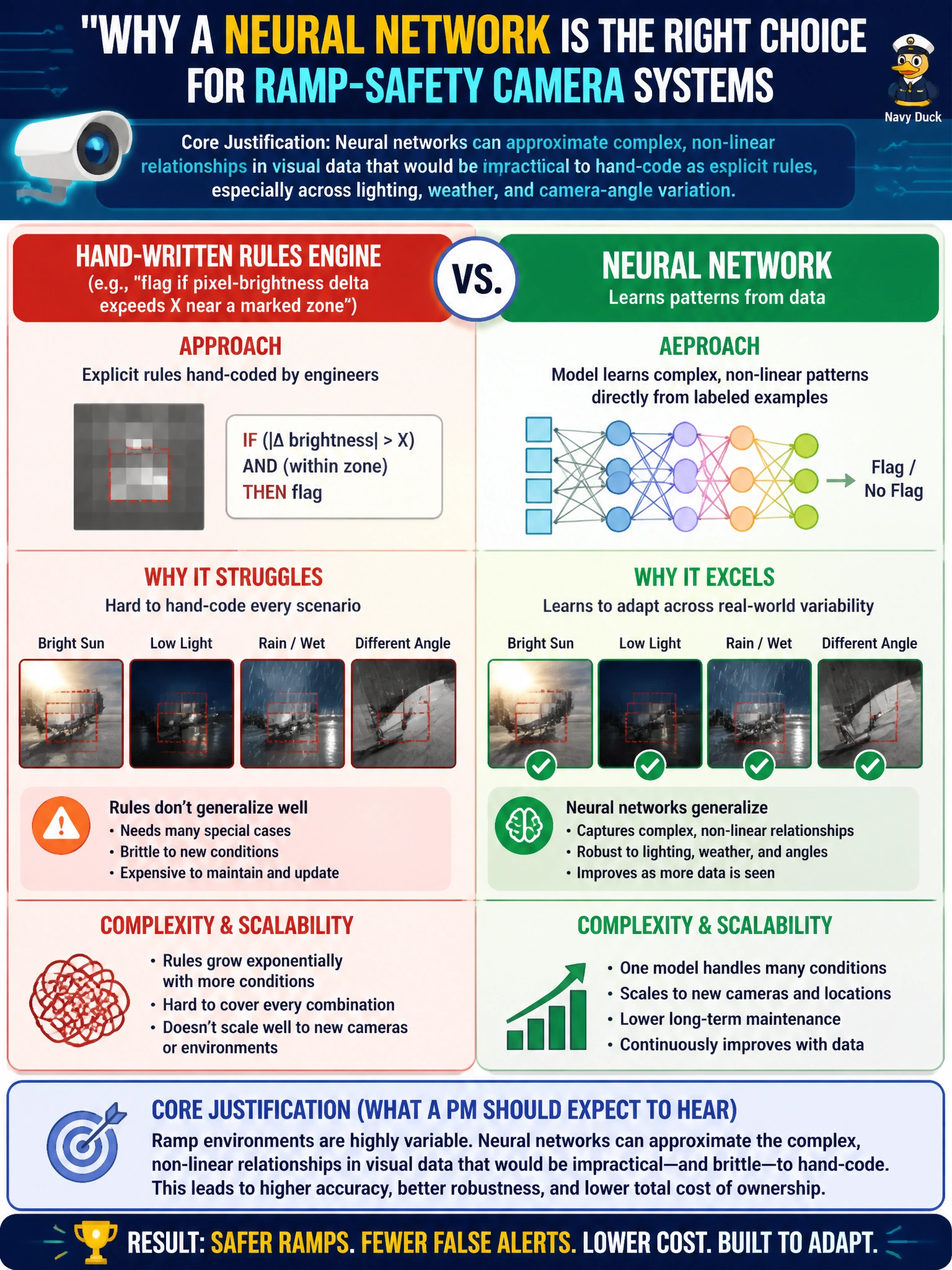 To Create an exciting colorful infographic that explains the concepts in the question: Question: Meridian's data science team recommends a neural network over a hand-written rules engine (e.g., "flag if pixel-brightness delta exceeds X near a marked zone") for the ramp-safety camera system. What is the core justification a PM should expect to hear? Correct Answer: Neural networks can approximate complex, non-linear relationships in visual data that would be impractical to hand-code as explicit rules, especially across lighting, weather, and camera-angle variation Put EVERY visible label in double quotes. No people. No A/B/C/D letters. In one of the four corners put a little "Navy Duck".