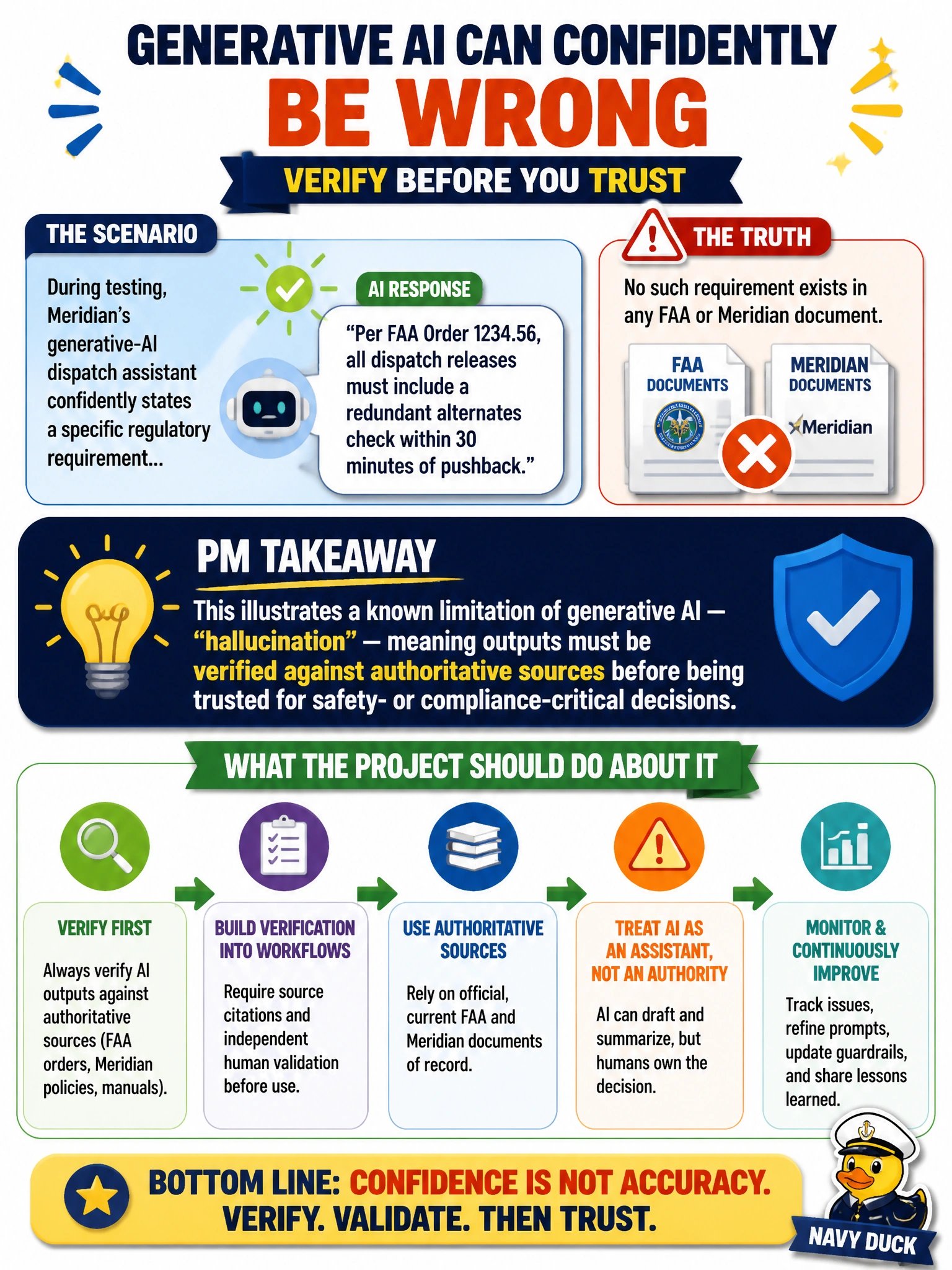To Create an exciting colorful infographic that explains the concepts in the question: Question: During testing, Meridian's generative-AI dispatch assistant confidently states a specific regulatory requirement that turns out not to exist in any actual FAA or Meridian document. What should the PM take away from this, and what should the project do about it? Correct Answer: This illustrates a known limitation of generative AI — hallucination — meaning outputs must be verified against authoritative sources before being trusted for safety- or compliance-critical decisions Put EVERY visible label in double quotes. No people. No A/B/C/D letters. In one of the four corners put a little "Navy Duck".