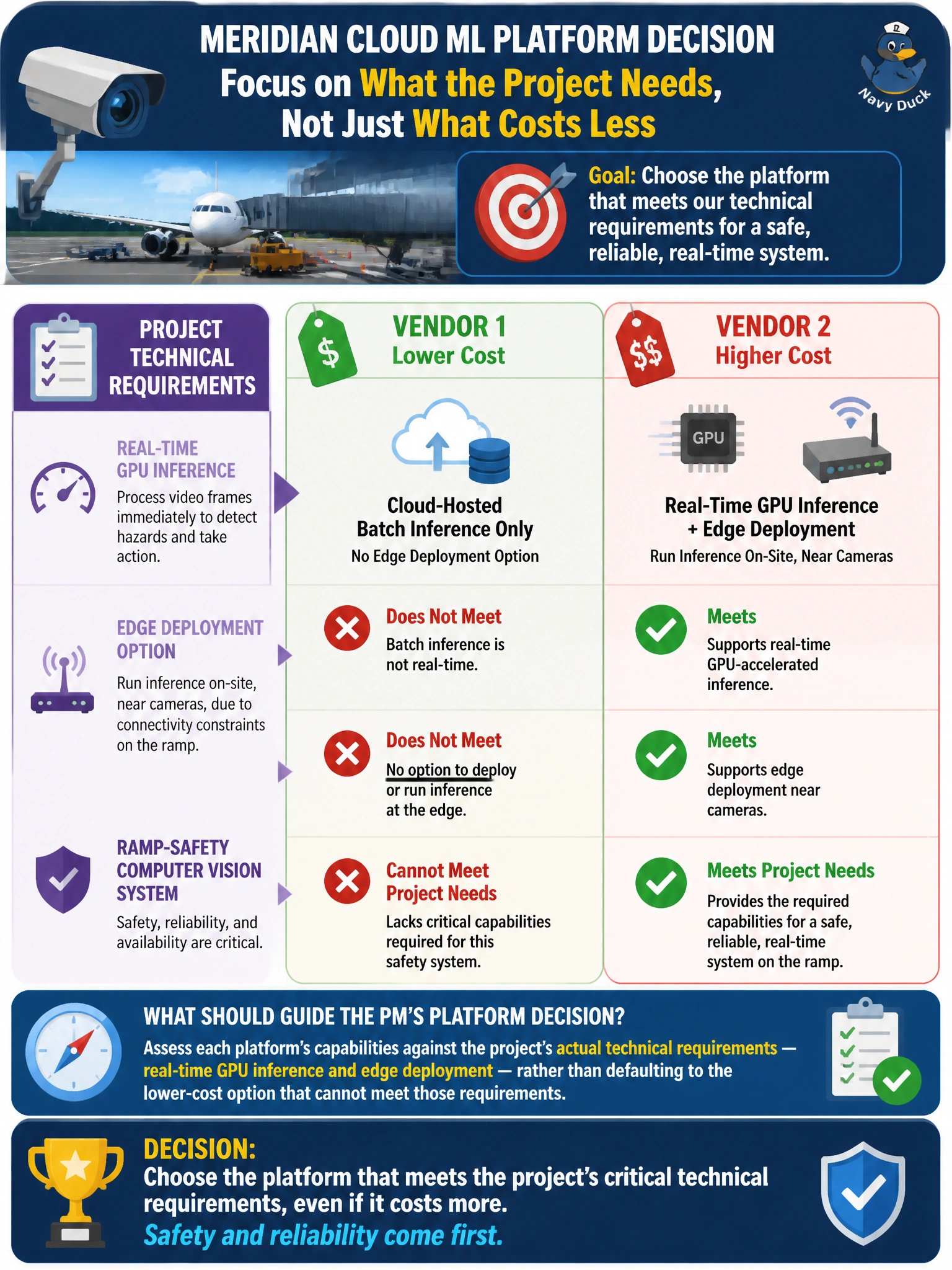 To Create an exciting colorful infographic that explains the concepts in the question: Question: Meridian is evaluating two cloud ML platform vendors for the ramp-safety computer-vision system, which needs GPU-accelerated real-time inference and the option to run inference at the edge (on-site, near the cameras) due to connectivity constraints on the ramp. One vendor is cheaper but offers only cloud-hosted batch inference with no edge deployment option; the other costs more but supports real-time GPU inference and edge deployment. What should guide the PM's platform decision? Correct Answer: Assess each platform's capabilities against the project's actual technical requirements — real-time GPU inference and edge deployment — rather than defaulting to the lower-cost option that cannot meet those requirements Put EVERY visible label in double quotes. No people. No A/B/C/D letters. In one of the four corners put a little "Navy Duck".