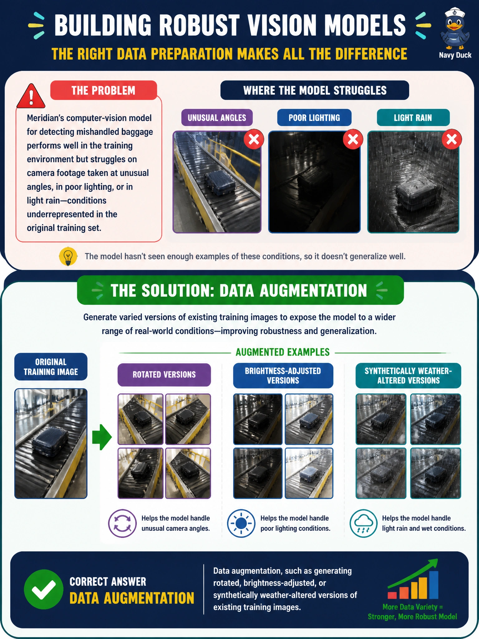 To Create an exciting colorful infographic that explains the concepts in the question: Question: Meridian's computer-vision model for detecting mishandled baggage performs well in the training environment but struggles on camera footage taken at unusual angles, in poor lighting, or in light rain, conditions underrepresented in the original training set. Which technique should the data preparation team apply to make the model more robust to these conditions? Correct Answer: Data augmentation, such as generating rotated, brightness-adjusted, or synthetically weather-altered versions of existing training images Put EVERY visible label in double quotes. No people. No A/B/C/D letters. In one of the four corners put a little "Navy Duck".