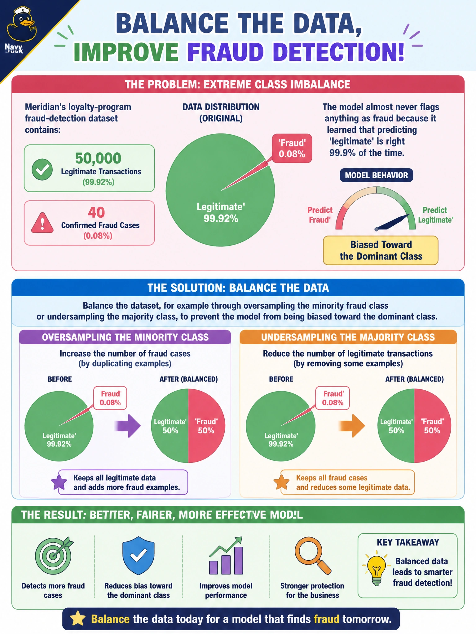 To Create an exciting colorful infographic that explains the concepts in the question: Question: Meridian's loyalty-program fraud-detection dataset contains 50,000 legitimate transactions but only 40 confirmed fraud cases, and the resulting model almost never flags anything as fraud because it learned that predicting 'legitimate' is right 99.9% of the time. What should the data preparation team do to address this? Correct Answer: Balance the dataset, for example through oversampling the minority fraud class or undersampling the majority class, to prevent the model from being biased toward the dominant class Put EVERY visible label in double quotes. No people. No A/B/C/D letters. In one of the four corners put a little "Navy Duck".