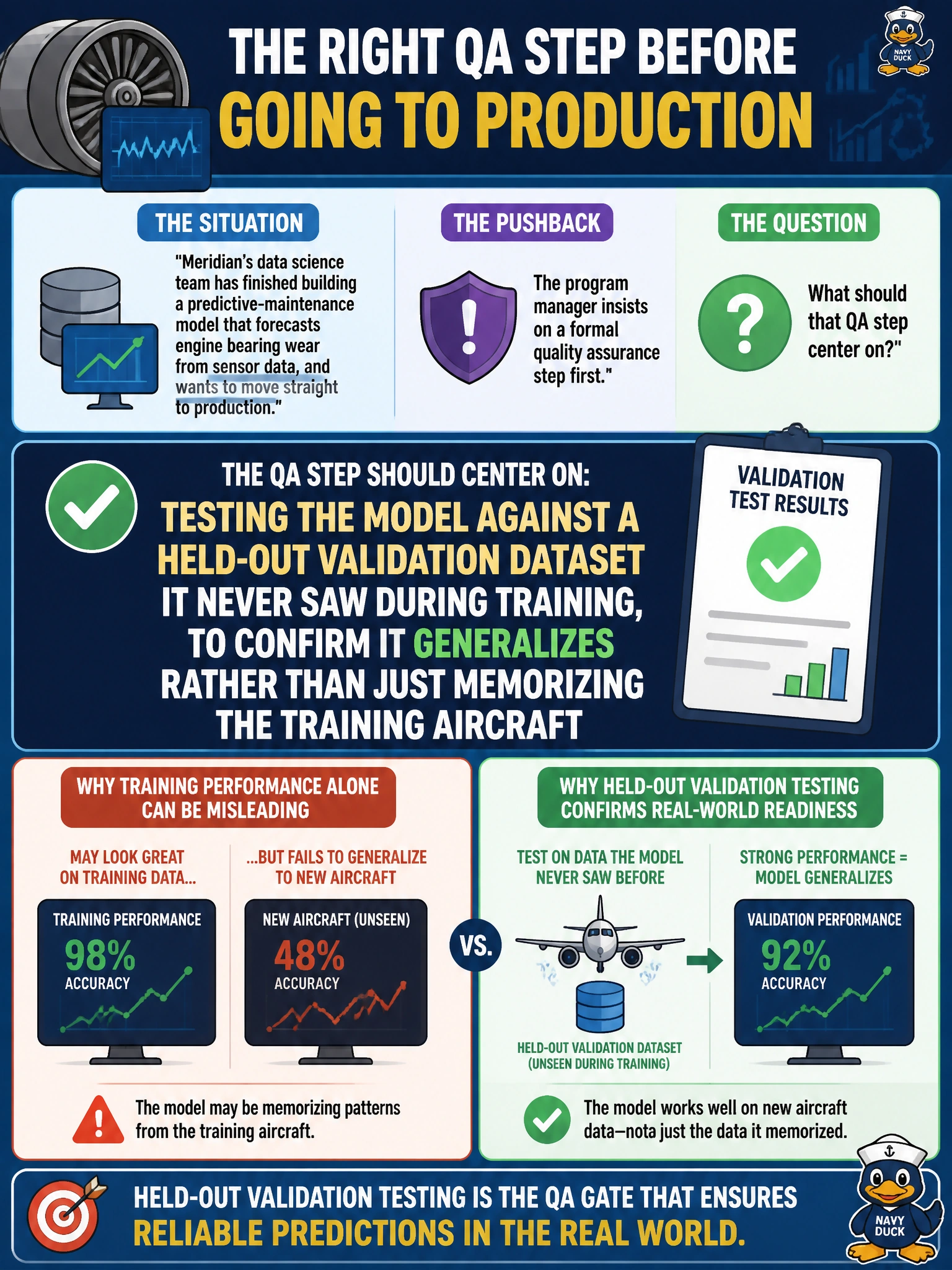 To Create an exciting colorful infographic that explains the concepts in the question: Question: Meridian's data science team has finished building a predictive-maintenance model that forecasts engine bearing wear from sensor data, and wants to move straight to production. The program manager insists on a formal quality assurance step first. What should that QA step center on? Correct Answer: Testing the model against a held-out validation dataset it never saw during training, to confirm it generalizes rather than just memorizing the training aircraft Put EVERY visible label in double quotes. No people. No A/B/C/D letters. In one of the four corners put a little "Navy Duck".
