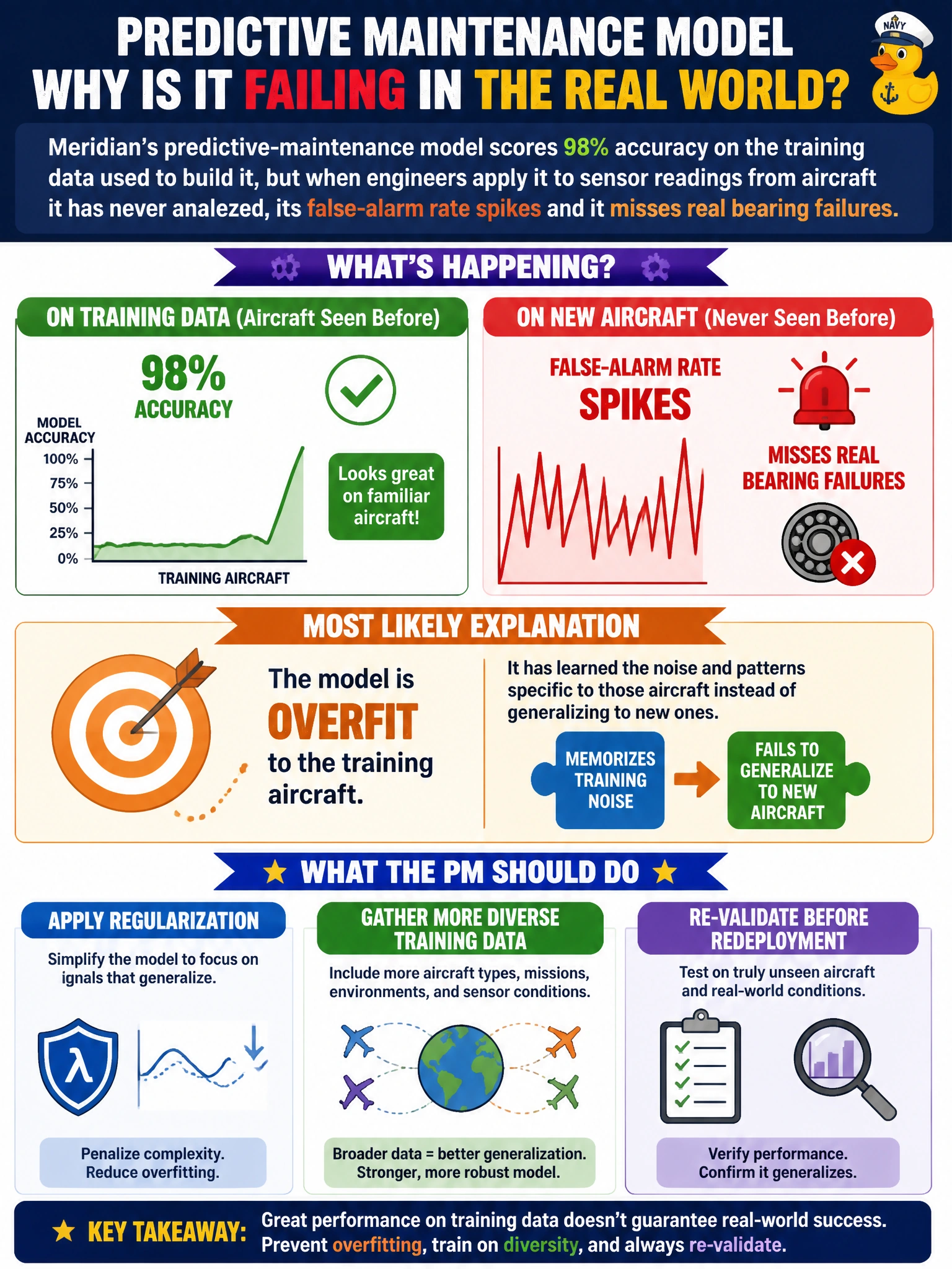 To Create an exciting colorful infographic that explains the concepts in the question: Question: Meridian's predictive-maintenance model scores 98% accuracy on the training data used to build it, but when engineers apply it to sensor readings from aircraft it has never analyzed, its false-alarm rate spikes and it misses real bearing failures. What is the most likely explanation, and what should the PM do? Correct Answer: The model is overfit to the training aircraft, so the team should apply regularization, gather more diverse training data, and re-validate before redeployment Put EVERY visible label in double quotes. No people. No A/B/C/D letters. In one of the four corners put a little "Navy Duck".