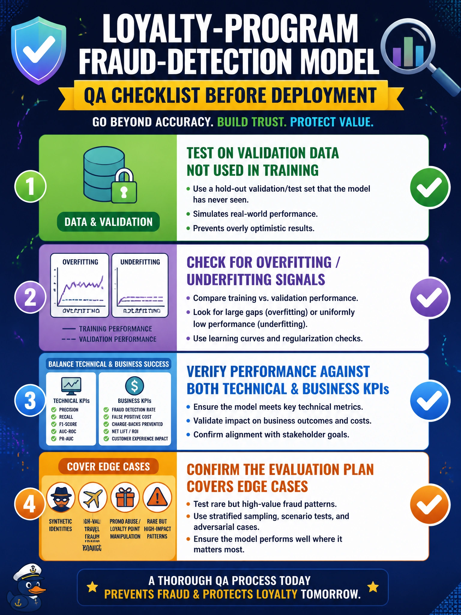 To Create an exciting colorful infographic that explains the concepts in the question: Question: Before deploying the loyalty-program fraud-detection model to production, Meridian's PM wants a quality assurance checklist that goes beyond a single accuracy number. Which combination best reflects a thorough QA process? Correct Answer: Test on validation data not used in training, check for overfitting/underfitting signals, verify performance against both technical and business KPIs, and confirm the evaluation plan covers edge cases like rare but high-value fraud patterns Put EVERY visible label in double quotes. No people. No A/B/C/D letters. In one of the four corners put a little "Navy Duck".