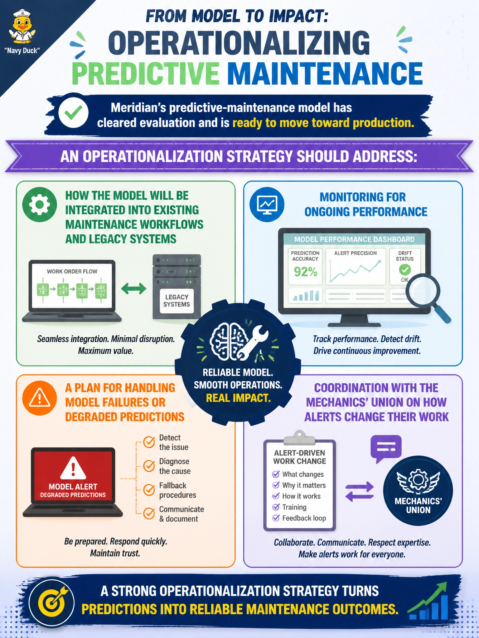 To Create an exciting colorful infographic that explains the concepts in the question: Question: Meridian's predictive-maintenance model has cleared evaluation and is ready to move toward production. The PM is developing an operationalization strategy. Which set of concerns most appropriately belongs in that strategy? Correct Answer: How the model will be integrated into existing maintenance workflows and legacy systems, monitoring for ongoing performance, a plan for handling model failures or degraded predictions, and coordination with the mechanics' union on how alerts change their work Put EVERY visible label in double quotes. No people. No A/B/C/D letters. In one of the four corners put a little "Navy Duck".