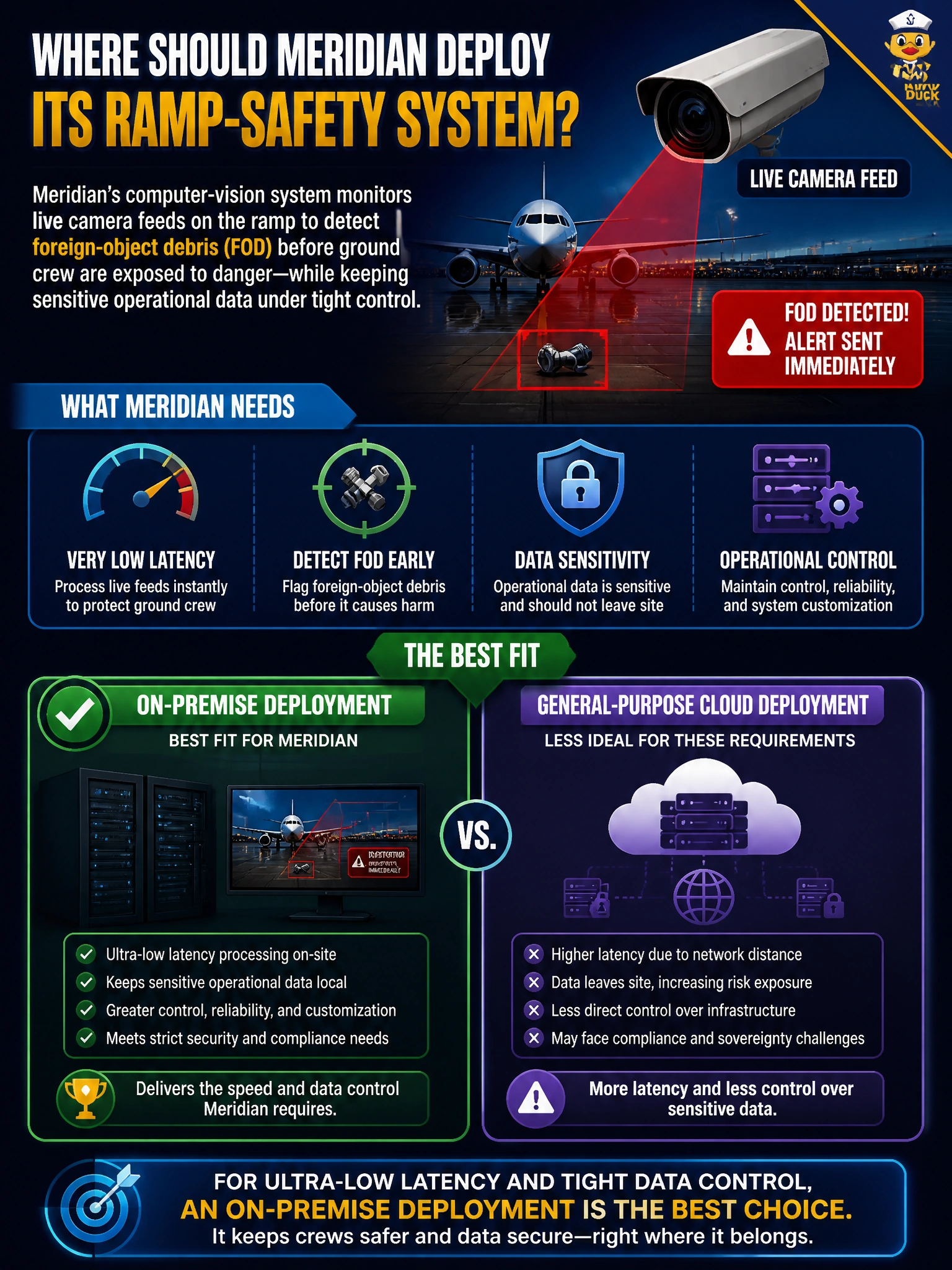 To Create an exciting colorful infographic that explains the concepts in the question: Question: Meridian is deciding where to deploy its computer-vision ramp-safety monitoring system, which must process live camera feeds with minimal delay to flag foreign-object debris before ground crew are exposed to danger, and which touches operational data Meridian is reluctant to send off-site. What deployment approach best fits these requirements? Correct Answer: An on-premise deployment, which better suits scenarios demanding very low latency and tighter control over sensitive operational data than a general-purpose cloud deployment Put EVERY visible label in double quotes. No people. No A/B/C/D letters. In one of the four corners put a little "Navy Duck".