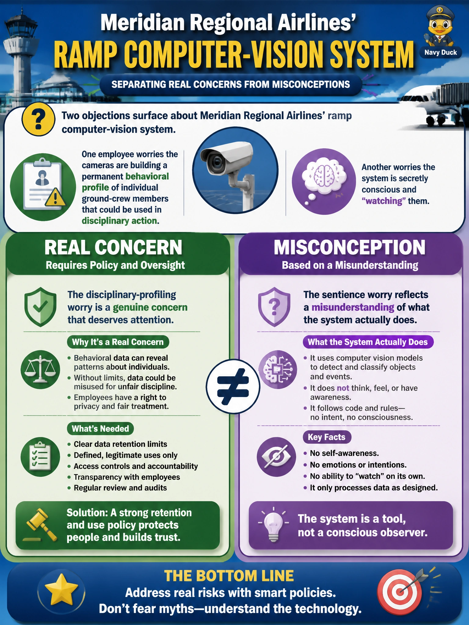 To Create an exciting colorful infographic that explains the concepts in the question: Question: Two objections surface about Meridian Regional Airlines' ramp computer-vision system: one employee worries the cameras are building a permanent behavioral profile of individual ground-crew members that could be used in disciplinary action, and another worries the system is secretly conscious and 'watching' them. Which pairing correctly separates a real concern from a misconception? Correct Answer: The disciplinary-profiling worry is a genuine concern requiring a retention and use policy; the sentience worry reflects a misunderstanding of what the system actually does Put EVERY visible label in double quotes. No people. No A/B/C/D letters. In one of the four corners put a little "Navy Duck".