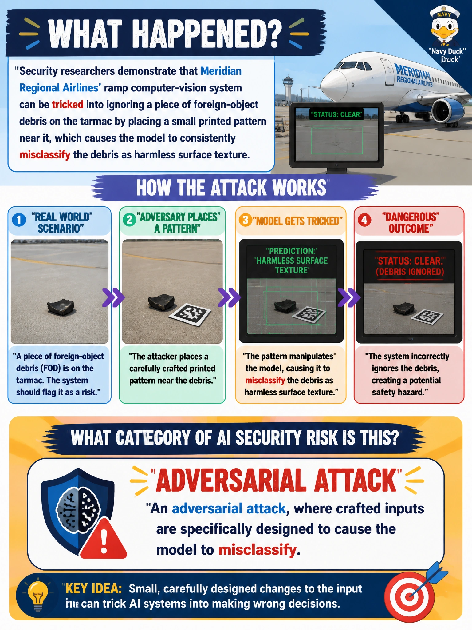 To Create an exciting colorful infographic that explains the concepts in the question: Question: Security researchers demonstrate that Meridian Regional Airlines' ramp computer-vision system can be tricked into ignoring a piece of foreign-object debris on the tarmac by placing a small printed pattern near it, which causes the model to consistently misclassify the debris as harmless surface texture. What category of AI security risk does this demonstrate? Correct Answer: An adversarial attack, where crafted inputs are specifically designed to cause the model to misclassify Put EVERY visible label in double quotes. No people. No A/B/C/D letters. In one of the four corners put a little "Navy Duck".