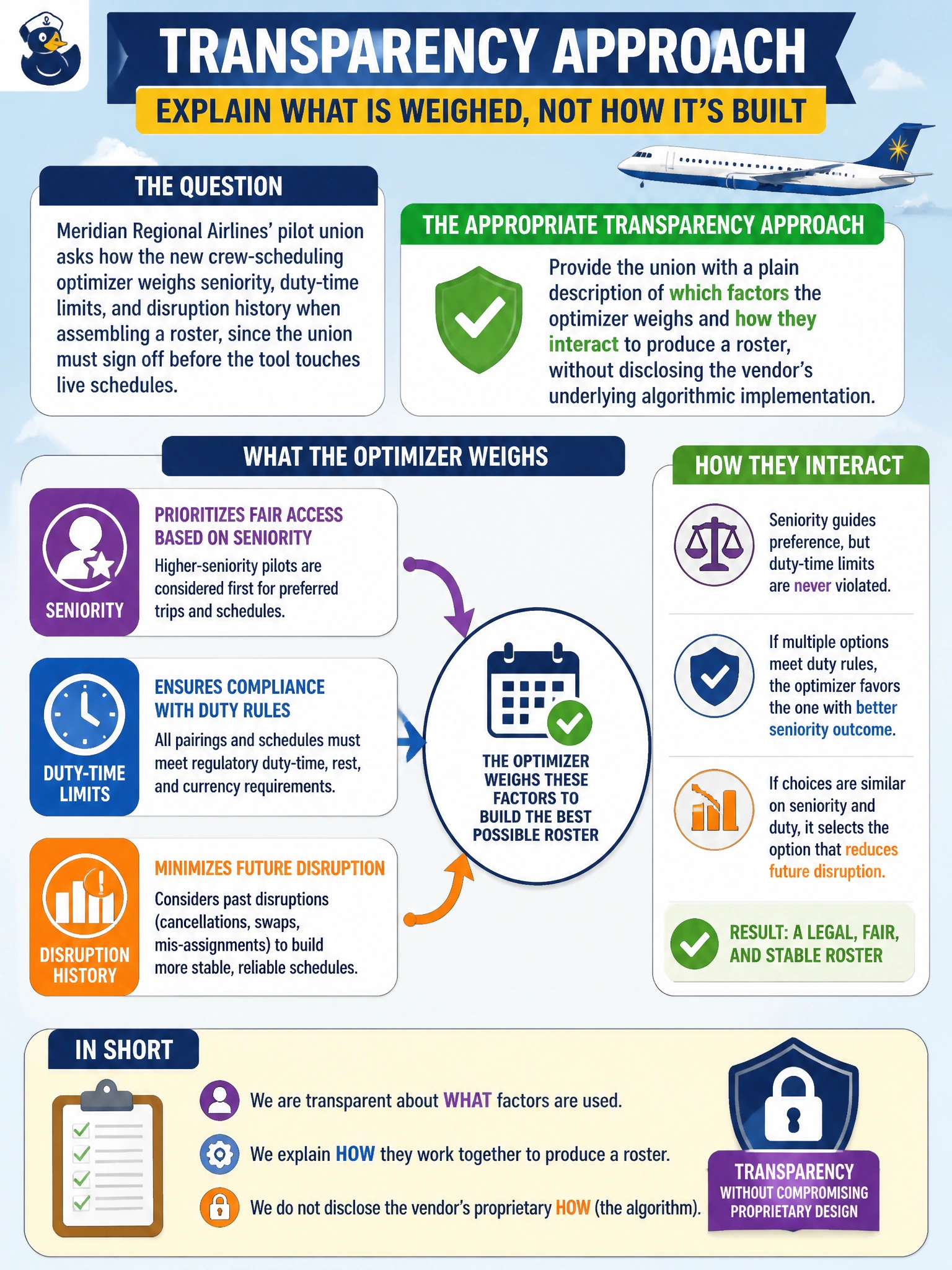 To Create an exciting colorful infographic that explains the concepts in the question: Question: Meridian Regional Airlines' pilot union asks how the new crew-scheduling optimizer weighs seniority, duty-time limits, and disruption history when assembling a roster, since the union must sign off before the tool touches live schedules. The vendor's underlying optimization method is a proprietary constraint-solving algorithm the union does not need to understand. What is the appropriate transparency approach? Correct Answer: Provide the union with a plain description of which factors the optimizer weighs and how they interact to produce a roster, without disclosing the vendor's underlying algorithmic implementation Put EVERY visible label in double quotes. No people. No A/B/C/D letters. In one of the four corners put a little "Navy Duck".