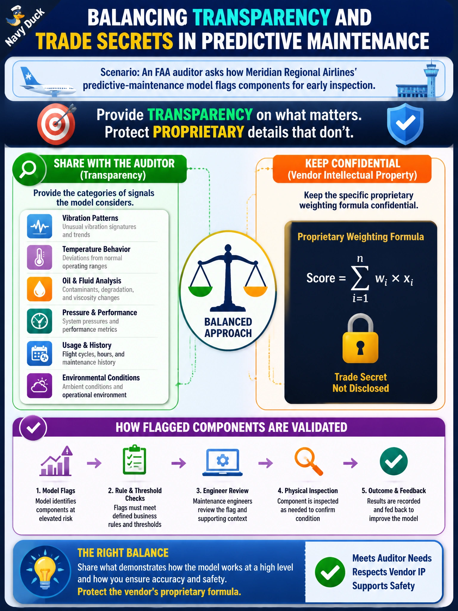 To Create an exciting colorful infographic that explains the concepts in the question: Question: An FAA auditor reviewing Meridian Regional Airlines' predictive-maintenance program asks how the model determines which components are flagged for early inspection. The vendor supplying the model considers its exact feature-weighting scheme a trade secret and resists disclosing it in full. How should the AI project manager balance the auditor's request with the vendor's intellectual-property concerns? Correct Answer: Provide the auditor with the categories of signals the model considers and how flagged components are validated, while keeping the vendor's specific proprietary weighting formula confidential Put EVERY visible label in double quotes. No people. No A/B/C/D letters. In one of the four corners put a little "Navy Duck".