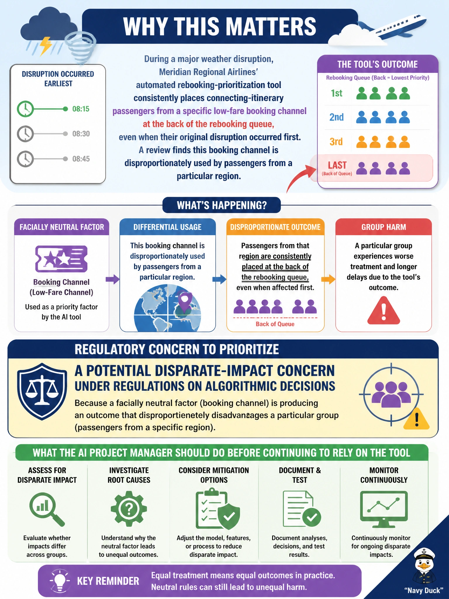 To Create an exciting colorful infographic that explains the concepts in the question: Question: During a major weather disruption, Meridian Regional Airlines' automated rebooking-prioritization tool consistently places connecting-itinerary passengers from a specific low-fare booking channel at the back of the rebooking queue, even when their original disruption occurred first. A review finds this booking channel is disproportionately used by passengers from a particular region. What regulatory concern should the AI project manager treat as a priority before continuing to rely on this tool? Correct Answer: A potential disparate-impact concern under regulations on algorithmic decisions, since a facially neutral factor is producing an outcome that disproportionately disadvantages a particular group Put EVERY visible label in double quotes. No people. No A/B/C/D letters. In one of the four corners put a little "Navy Duck".