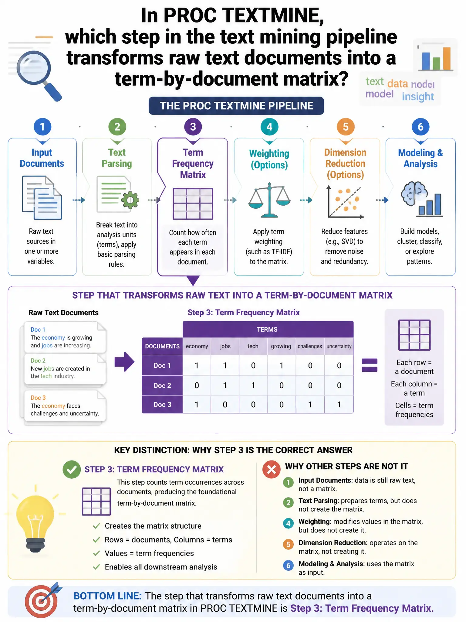 Portrait educational infographic teaching: In PROC TEXTMINE, which step in the text mining pipeline transforms raw text documents into a term-by-document matrix?. Show labeled components, decision flow, and the key distinction that makes the correct answer correct. Clean modern diagram style.