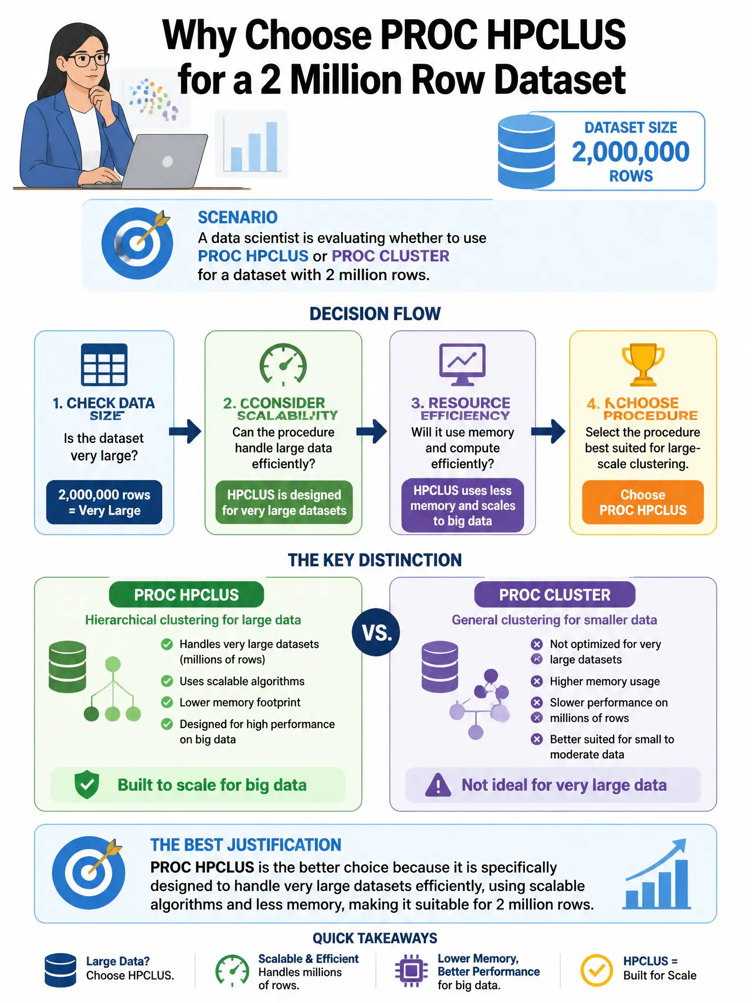 Portrait educational infographic teaching: A data scientist is evaluating whether to use PROC HPCLUS or PROC CLUSTER for a dataset with 2 million rows. Which statement best justifies the choice of PROC HPCLUS?. Show labeled components, decision flow, and the key distinction that makes the correct answer correct. Clean modern diagram style.