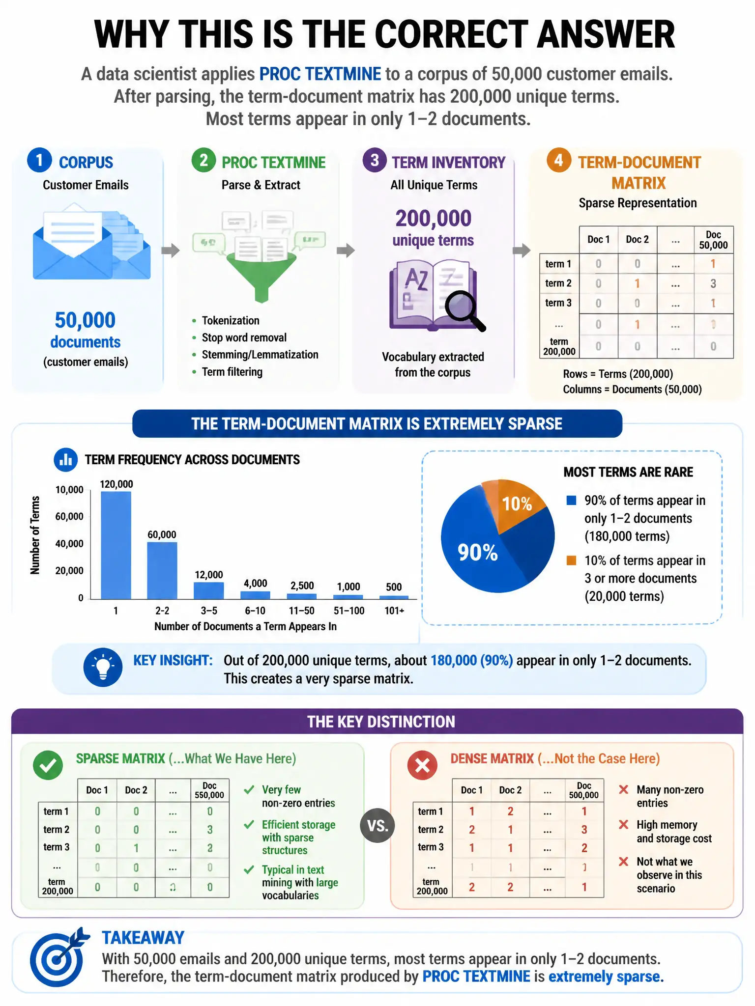 Portrait educational infographic teaching: A data scientist applies PROC TEXTMINE to a corpus of 50,000 customer emails. After parsing, the term-document matrix has 200,000 unique terms. Most terms appear in only 1-2 docume. Show labeled components, decision flow, and the key distinction that makes the correct answer correct. Clean modern diagram style.